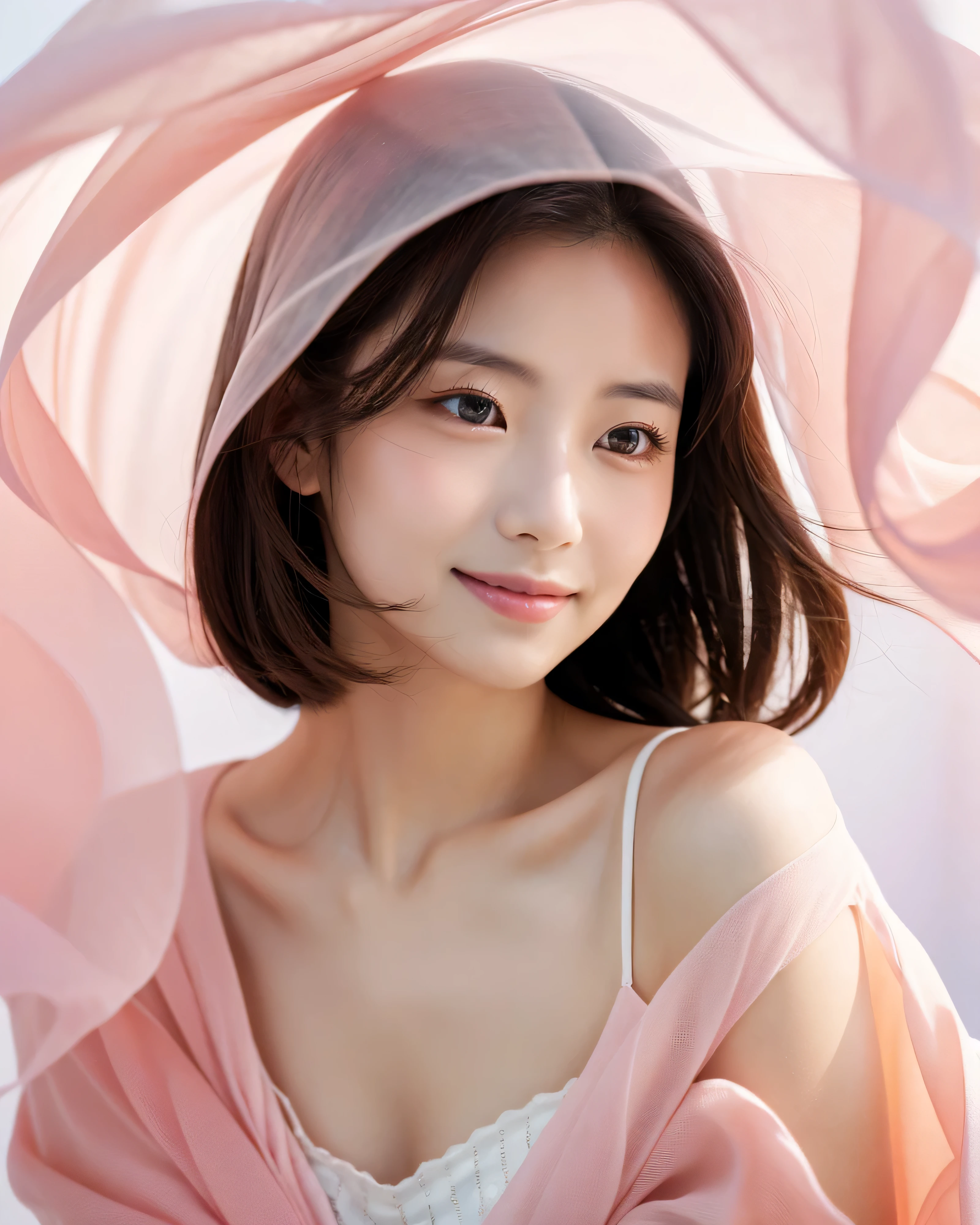 beautiful japanese woman, wrapped in translucent fabric, Unforgettable fantasy portrait in abstract style, In a swirl of fantastic pastel colors and soft light, Evoking a sense of tranquil serenity and elusive beauty, big magic eyes, gentle smile, smooth soft skin, Attractive pink lips, natural makeup, A fleeting expression, perfect collarbone, High resolutionの完璧な胸元, High resolutionの美しい太もも,(highest quality, 32K, High resolution, masterpiece:1.2), 驚くべきディテールを備えた受賞歴のあるmasterpiece, non-representative, Color and shape, expression of emotions, rich in imagination