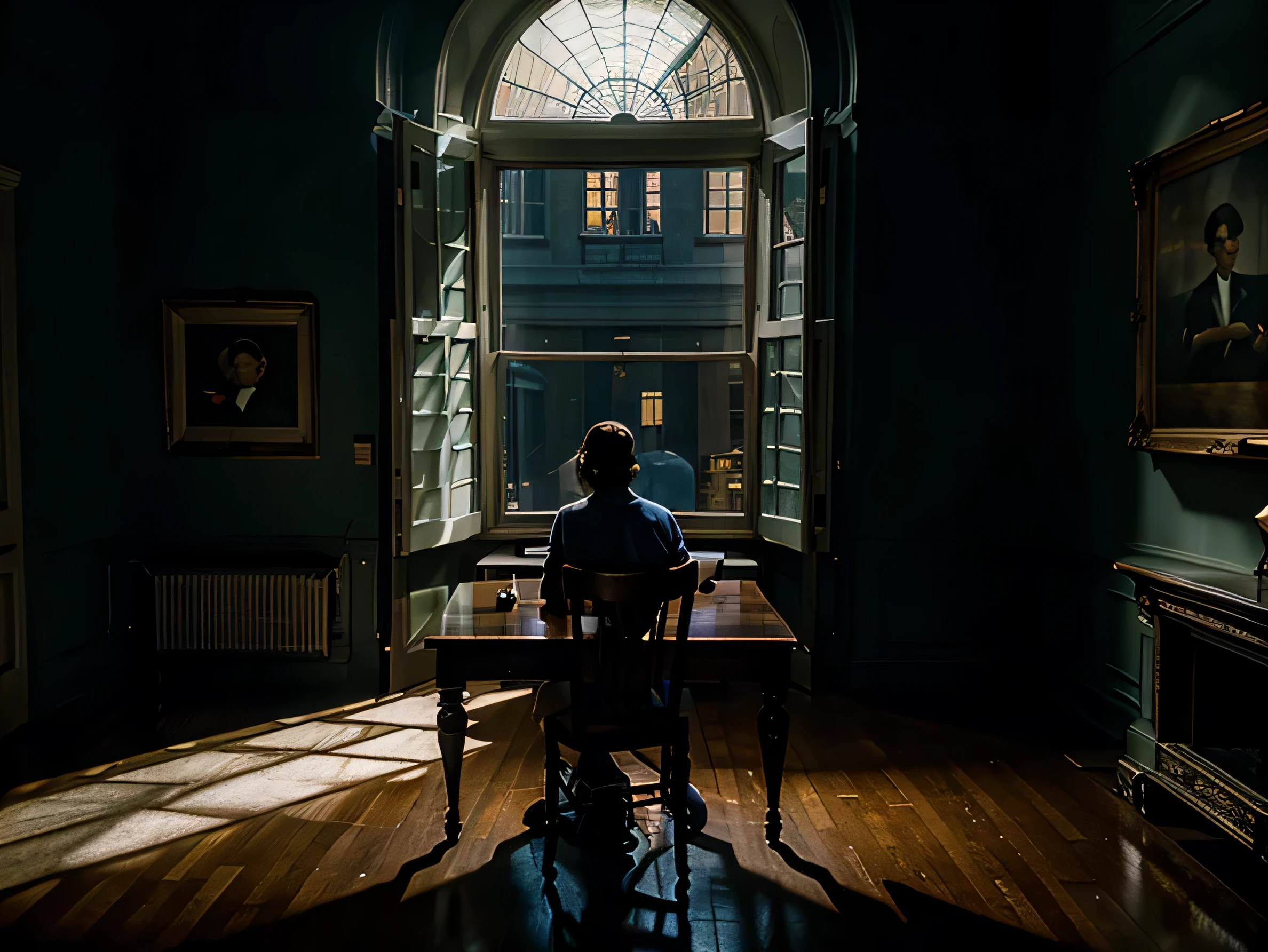 edward hopper style painting, woman sitting at table in the far corner of a very large dark room, night time, artificial light through window, very large room, large room