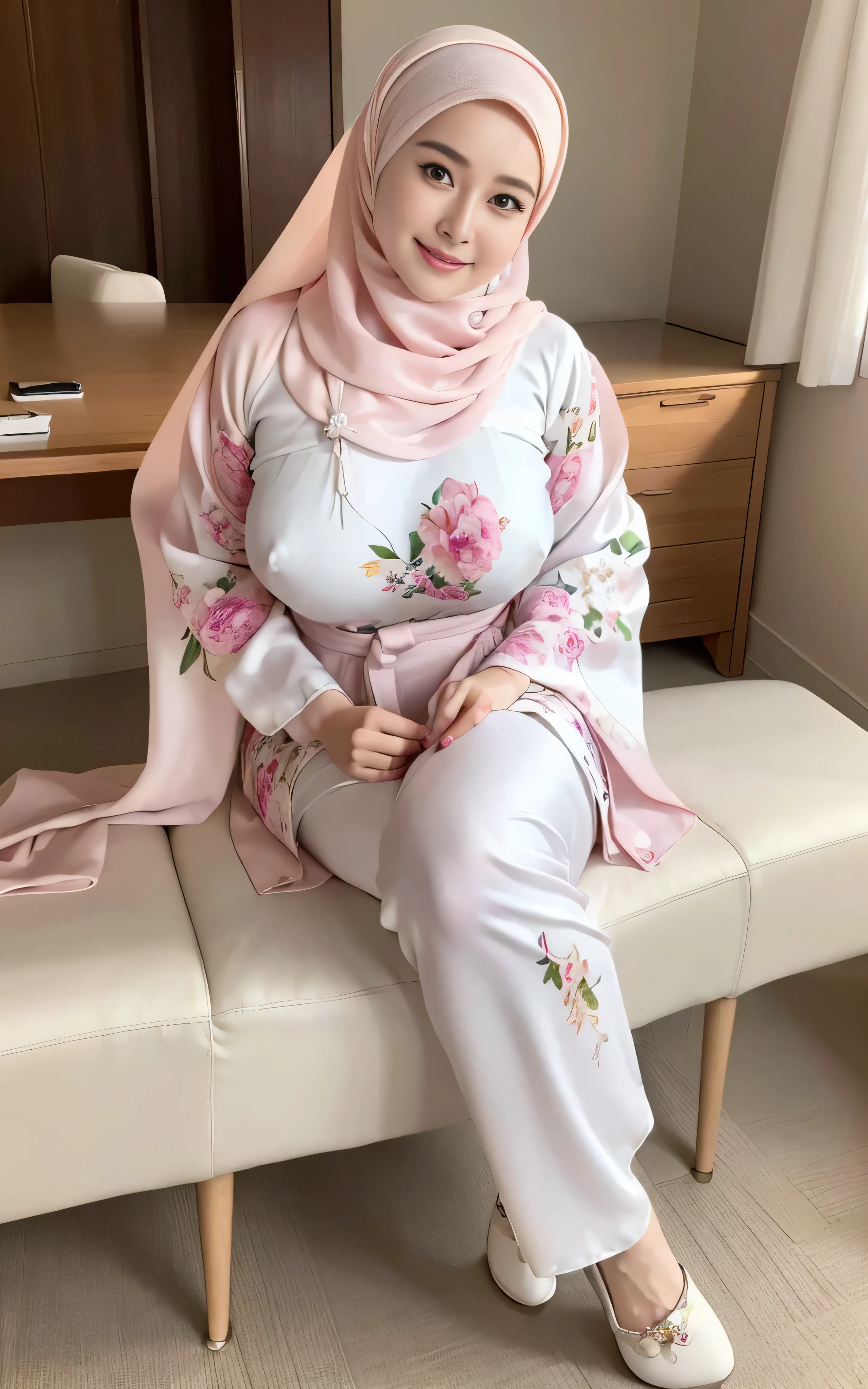 ((Marian rivera)), (8K, best quality:1.2), ((sitting in office chair)), beautiful Smile, seduced smile, White skin, shiny skin, (( gigantic breast:1.5)), (masterpiece:1.37), (photo, photorealistic:1.37), (ultrahigh-res),Full Body, view from back, slow motion, (insanely detailed, bloom:1.5), (highest quality, Alessandro Casagrande, Greg Rutkowski, Sally Mann, concept art, 4k), (analog:1.2), (high sharpness), (detailed pupils:1.1), detailed face and eyes, Masterpiece, best quality, (highly detailed photo:1.1), photographed by Canon EOS R6, 135mm, 1/1250s, f/2.8, ISO 400, Realistic, 8k, ((masterpiece)), looking at the viewer, (detailed), detailed face, white skin, Glowing Skin, bright room, ((Wearing tight Silk long floral hanbok with closed hijab)), at office, cross legs, high heels, sexy posed