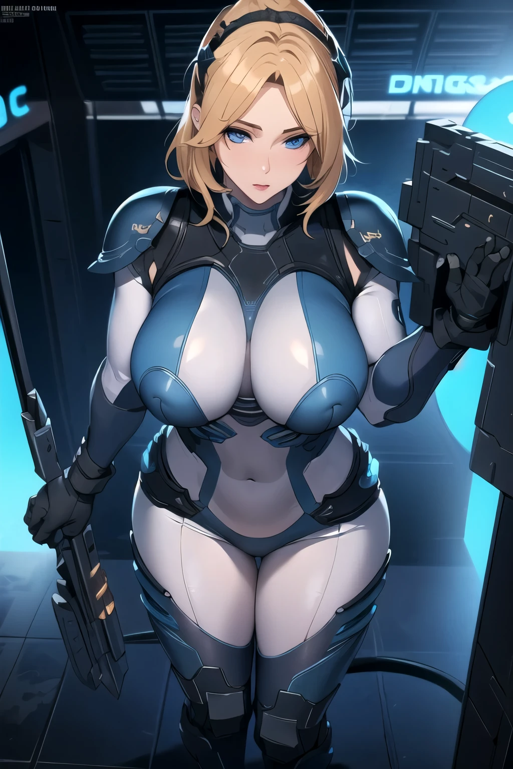 masterpiece, 8k, high quality  of (Beautiful) (starcraft_nova), (Star Craft), (detailed face), maximum details, (diffuse lighting),  (cinematic:1.2), (ISO 100:1), (sexy), (standing), (war field), (gigantic chest), (very tight suit) (blue eyes)