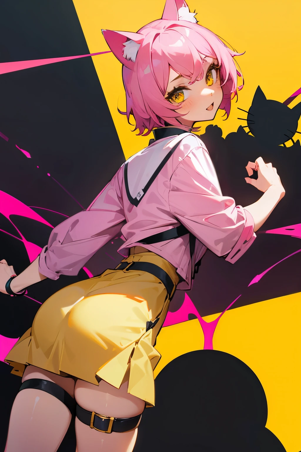 Cute girl, short pink hair, yellow eyes, cat ears, short skirt 🍑🖕