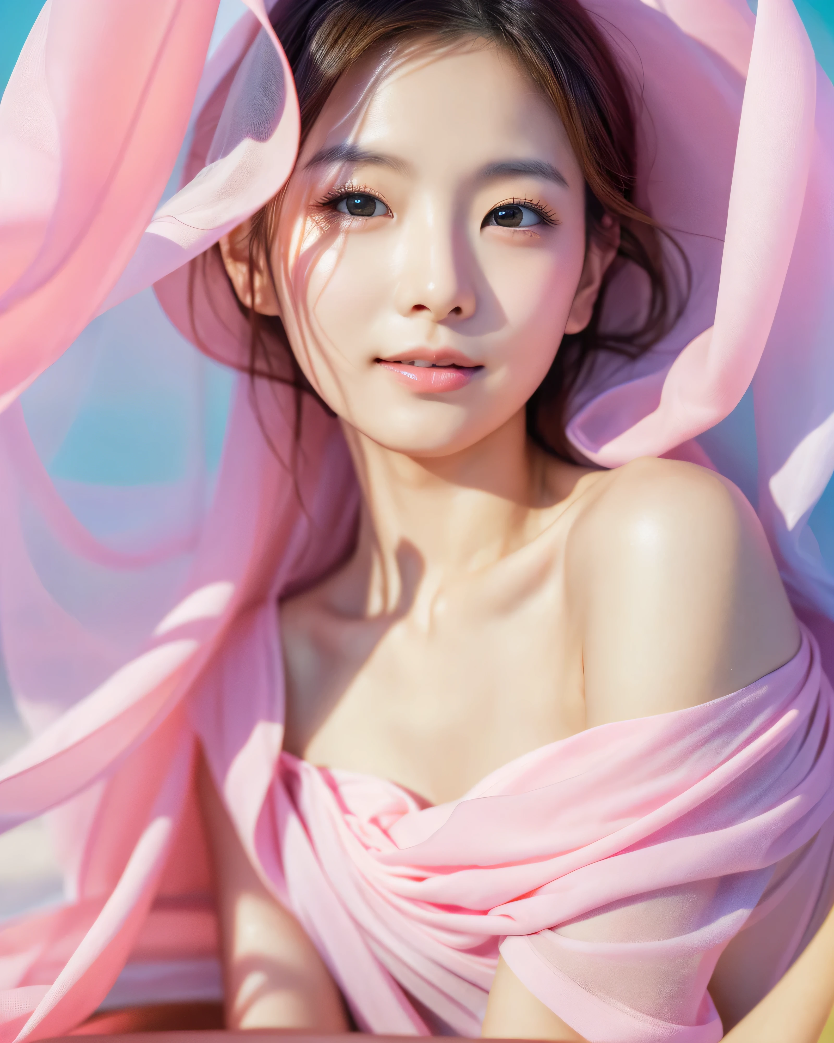 beautiful japanese woman, wrapped in translucent fabric, Unforgettable fantasy portrait in abstract style, ((In a swirl of fantastic pastel colors and soft light)), Evoking a sense of tranquil serenity and elusive beauty, big magic eyes, gentle smile, smooth soft skin, Attractive pink lips, natural makeup, A fleeting expression, perfect collarbone, High resolutionの完璧な胸元, soft and plump breasts, High resolutionの美しい太もも,(highest quality, 32K, High resolution, masterpiece:1.2), 驚くべきディテールを備えた受賞歴のあるmasterpiece, Mysterious, Color and shape, expression of emotions, rich in imagination