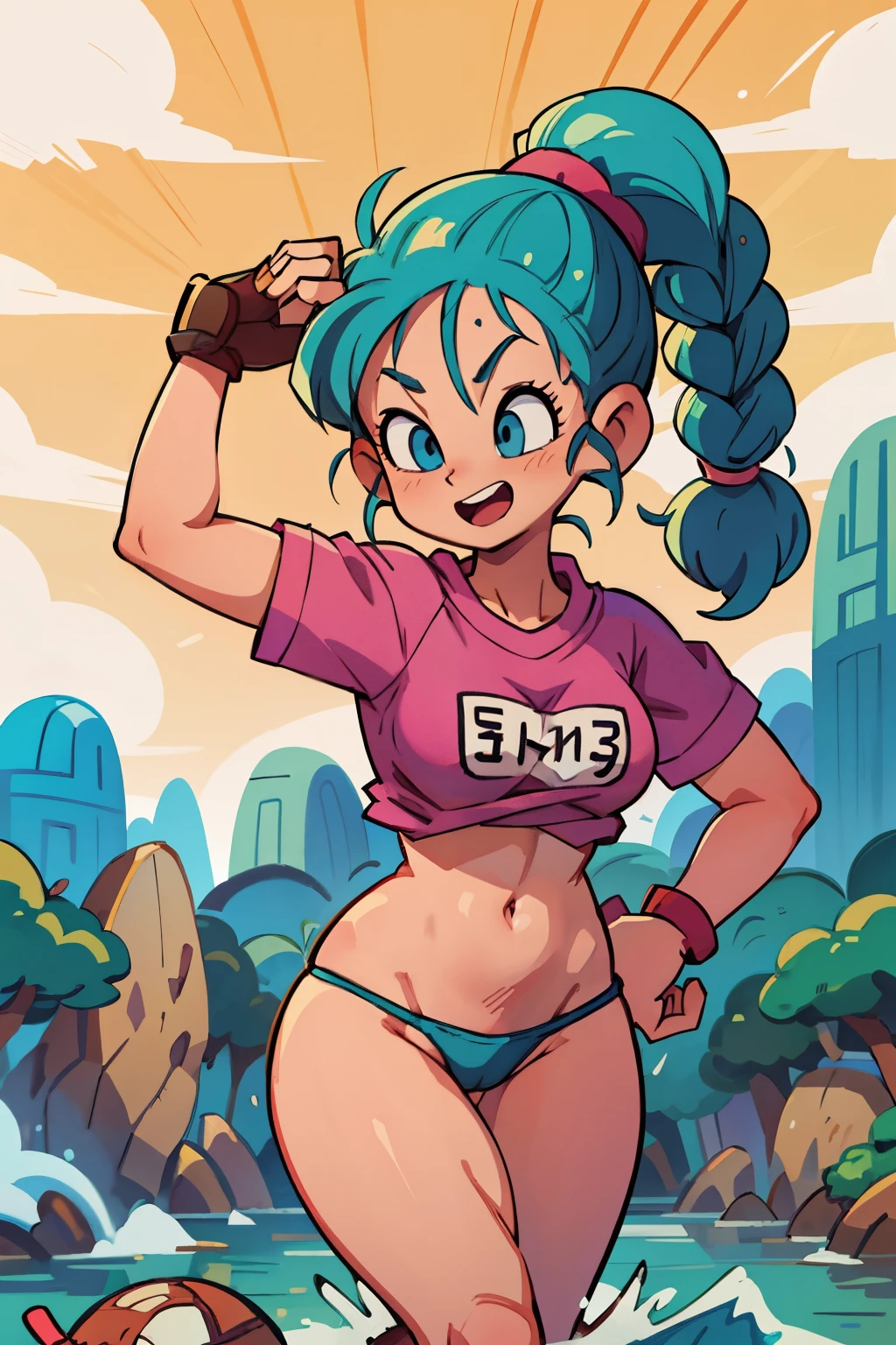 1 garota, bulma pose de poder, Dragon sphere, cabelo azul, cabelo curto, water hair, fita de cabelo, Braided ponytail, Bikini, cinto, tissue, luvas marrons, sorriso, boca aberta, grandes seios, huge breasts, thong bikini, fio dental, sexy