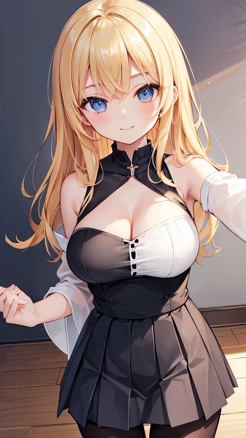 masterpiece, {{{{Highest quality}}}}, 16K, beautiful,1 girl, blonde_hair, pleated_skirt, bare_shoulders, sleevesless, cleavage, black_pantyhose, {{{seductive smile}}}, self-taken picture、taking a picture of oneself, self_shot,