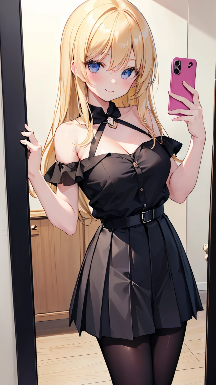 1 girl, (masterpiece), best quality, expressive eyes, perfect face, Misa Amane, busty, blue eyes, shoulder length straight blonde hair in small pigtails with hair straight hair down to her shoulders, black lace goth dress, black lace arm stockings, black thigh highs, black high heels,holding black notebook with DeathNote engraving on it in silver, in apartment hallway, standing, full picture