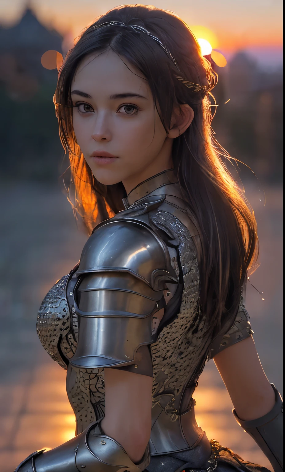 (masterpiece), (extremely intricate:1.3), (realistic), portrait of a girl, the most beautiful in the world, (medieval armor), metal reflections, upper body, outdoors, intense sunlight, far away castle, professional photograph of a stunning woman detailed, sharp focus, dramatic, award winning, cinematic lighting, octane render  unreal engine,  volumetrics dtx, (film grain, blurry background, blurry foreground, bokeh, depth of field, sunset, motion blur:1.3), chainmail