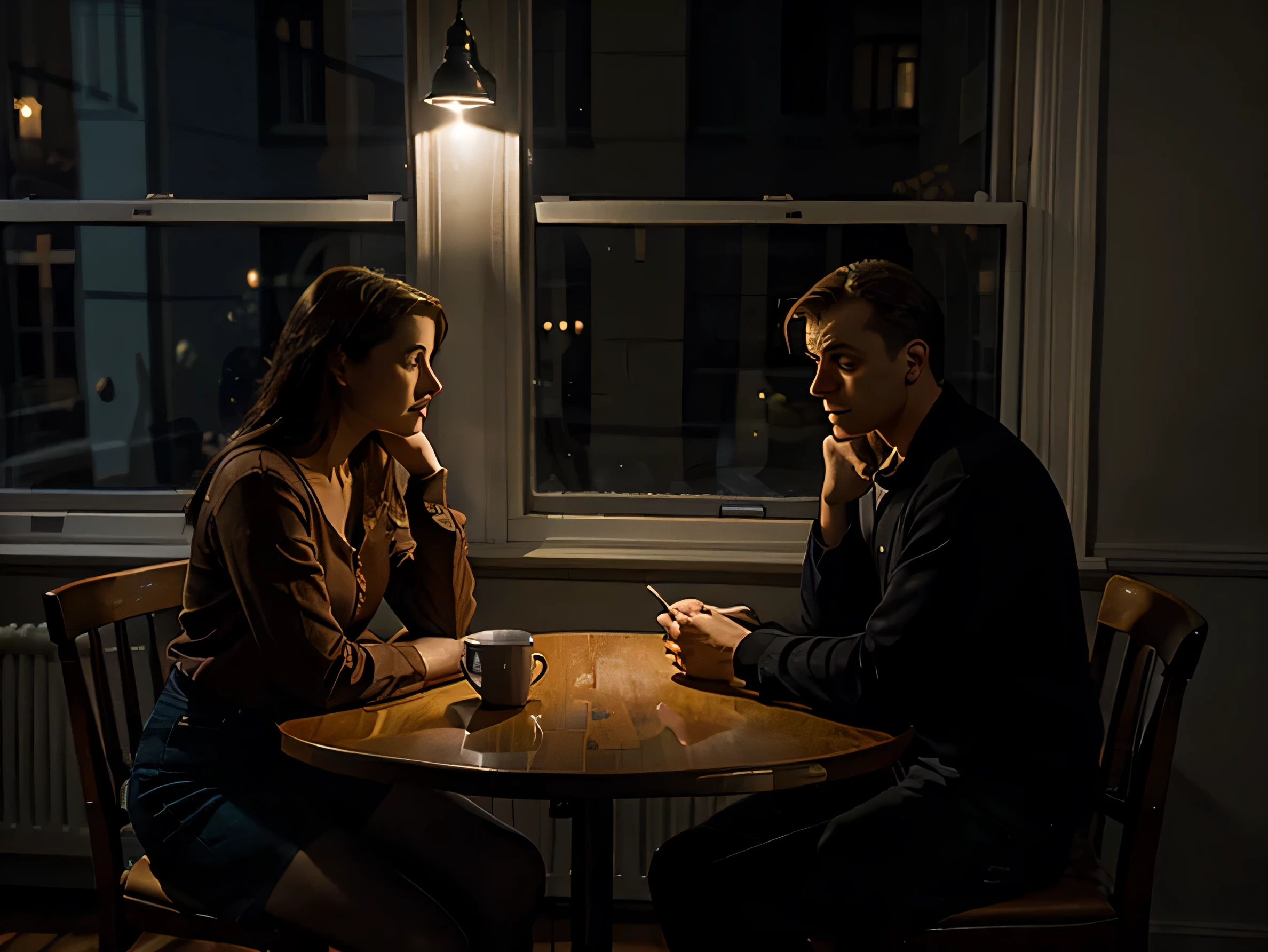 edward hopper style painting, man and woman sitting at table, night time, light through window, very large room