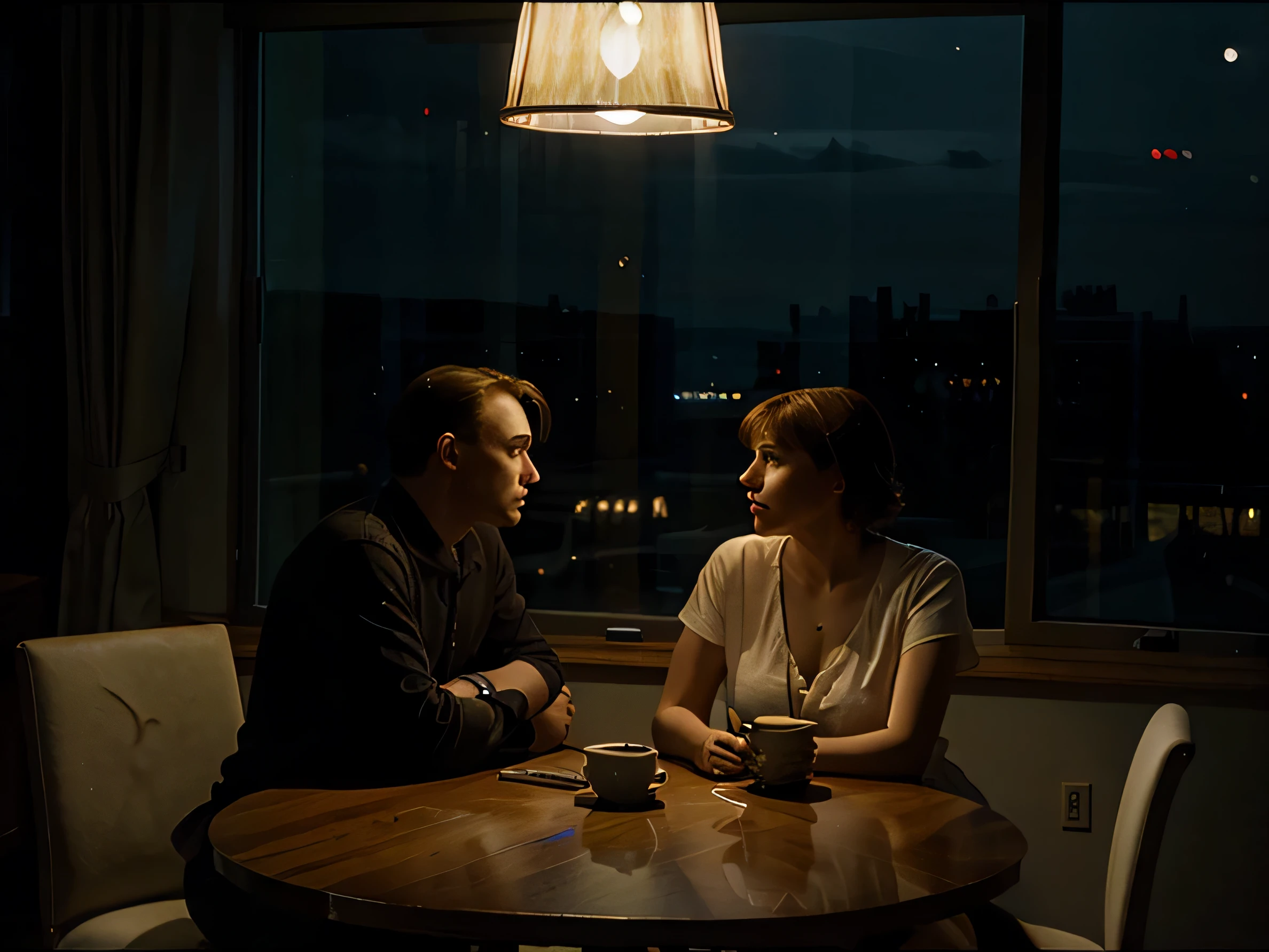 edward hopper style painting, man and woman sitting at table, night time, light through window, very large room