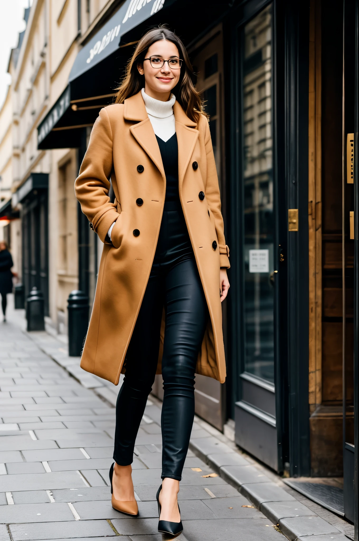 28 year old woman with glasses with a coat walking on a street in Paris