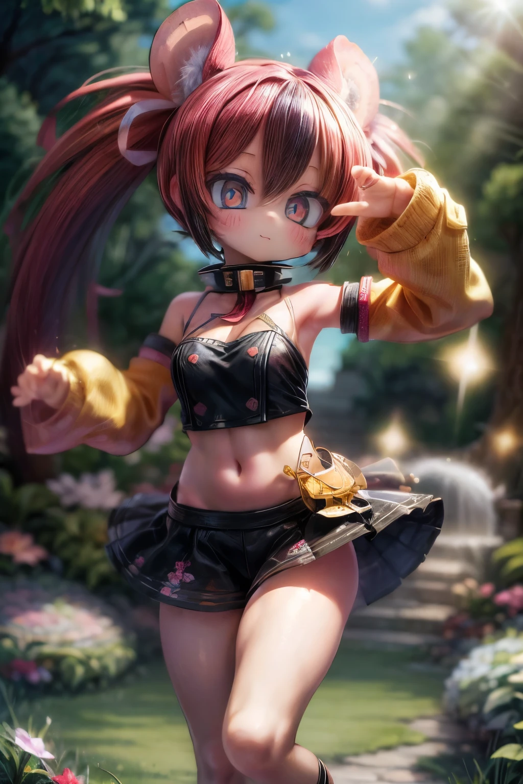 ((masterpiece)), ((Masterpiece)), (Anime:1.3), ((best quality)), (RAW photo: 1.2), (High Definition:1.3), (Professional Photography:1.2), ((HakosBaelz)),1 girl, (Beautiful eyes), twintails, Bright smile, (surprise pose), (slightly exposed medium breast), Colorful hair, Big eyes, (BaelzBase), (tubetop), (detached sleeve), spiked collar, BREAK, ((Masterpiece)), ((best quality)), ((cute sparkle)), Light particles, (stand in beautiful Fantastic garden:1.3),