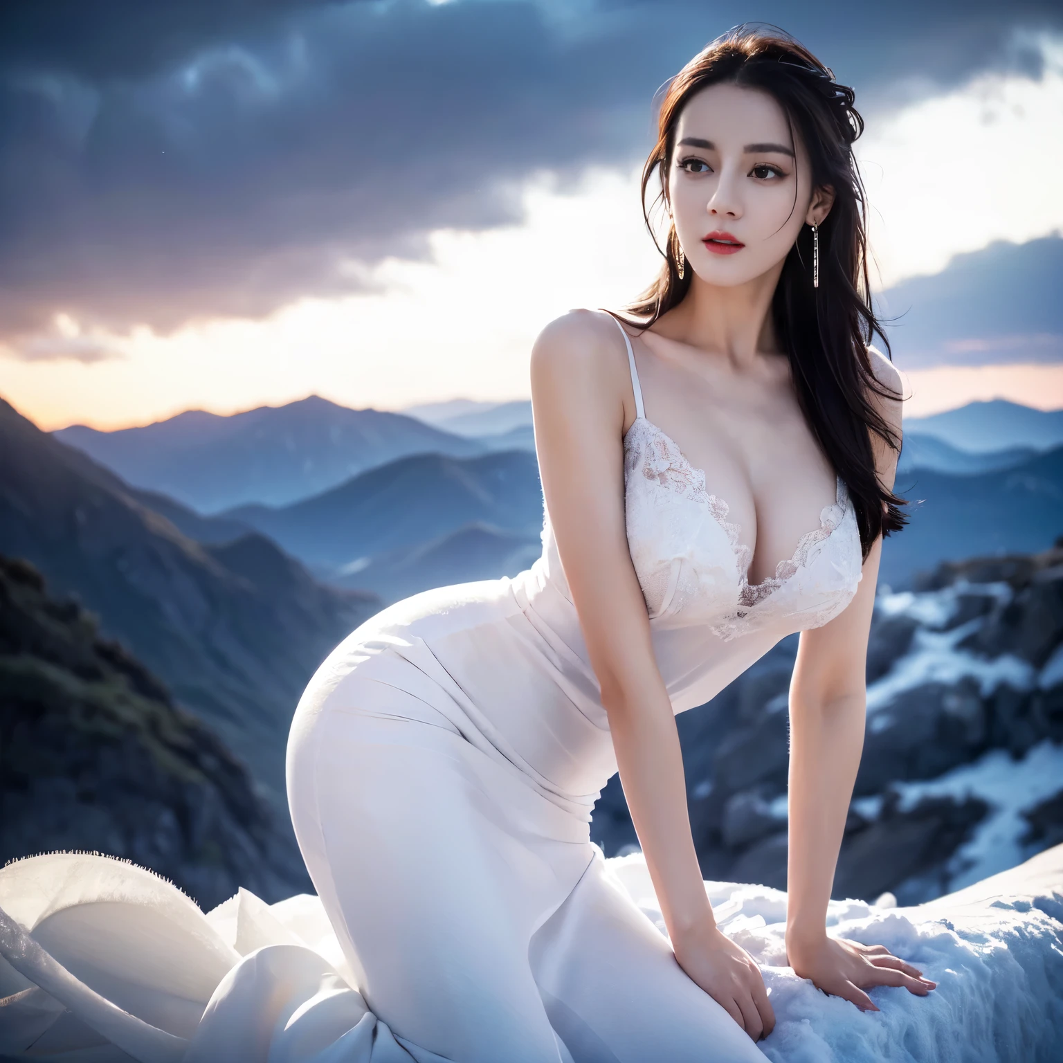((top quality、8k、Masterpiece:1.3))、Extremely delicate and beautiful girl,full-body shot,huge breasts,bigger breasts,amazing breast size,G cup。Wear big earrings,Very white skin,moist red lips,Waist is very thin,Thighs are very thin,big butt,Reveal a little,fair and smooth skin,Smooth and fair skin,flawless skin,Fair and shiny skin,cold white skin,The camera focuses on the chest,Bright light,White tube top dress,bare shoulders,white hair,hair is white,heavy snow,snow mountain,sunset