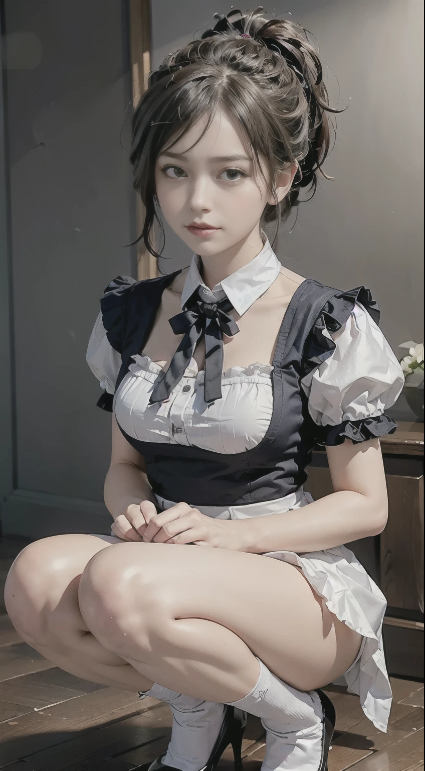 highest quality, masterpiece, ultra high resolution, (realistic: 1.4), RAW photo, 1 girl, british maid, frilly maid headband, ponytail, braided hair, ruffle blouse, ribbon tie, apron, long skirt, puff sleeves, white silk socks, glowing skin, victorian, nothing gray background, squat
