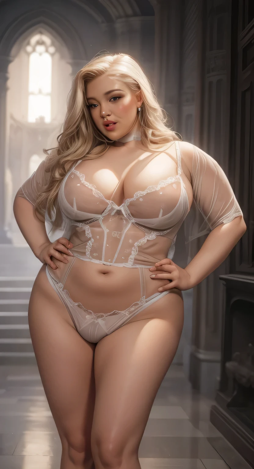 a woman in a white lingerie in organza transparent lingersuit and panties posing for a picture, white lingerie in organza transparent body, curvaceous, white lingerie in organza transparent body harness, curvaceous. detailed, wearing sexy lingerie, plus size, wavy lingeries, alluring plus sized model, laced lingerie, sultry body with sexy belly, curvy, barbie doll in panties and bra, curvy hourglass figure