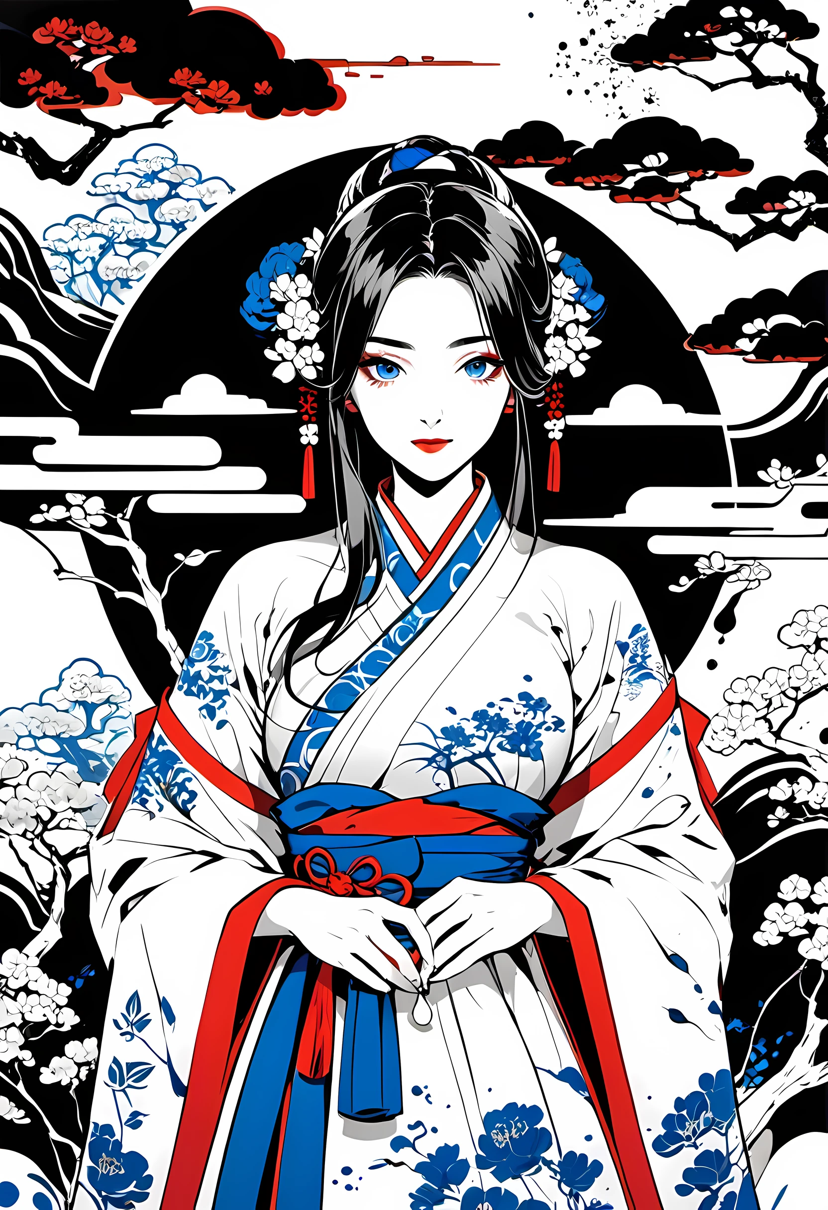 1 Girl wearing Chinese Hanfu, Blue and white porcelain, Blue and red graphic logo illustration, vector, Simple design, intricate details, monochrome, pure white background, Imitation of Wu Guanzhong style, Nature, ink splatter, splash of color