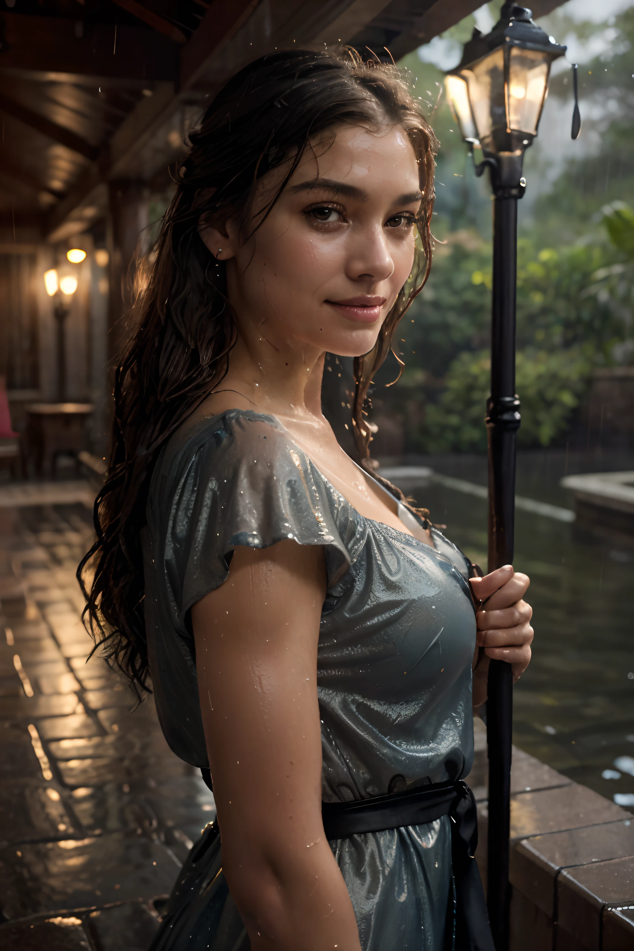 woman stands fora in the falling rain, pele brilhante, (She holds the handle of a canopy umbrella, repousa sobre o ombro dela, melhor luxo, color pattern: Preto e vermelho), She's totally under big umbrella, refletindo luz, (She's wet from the rain that falls, standing fora next to porchlight)), mulher mais linda do mundo, (her hair is wet, Ela brilha com o brilho da luz da varanda, pele radiante) , cabelos longos e molhados, (Your sundress soaked), uma mulher deslumbrante , cabelo longo, Her skin is wet, (seu corpo inteiro sob o guarda-chuva preto, Ela sorri, fora, (relaxado , feliz e revigorado)), vestido molhado hiper detalhado, tecido, (Raindrops visible in the air, retroiluminado), (highest quality tecido texture), exuberante cortina molhada com destaques, qualidade do filme, gotas de chuva no ar, sneezing behind , (ultra-realistic , rainy sky, Atmosfera ,luz de varanda com detalhes suaves, beautiful Rembrandt style lighting, (Remendo de Rembrandt)), (highest quality wet tecido texture), matte dress tecidos, Suas costas molhadas, ultra-realistic, adorned with long eyelashes, a cor dos vaga-lumes, A world of passion. finamente detalhado,(Fine-grained), (textura de pele com mais detalhes, earlobe with realistic peach fuzz, water drops) ○○ res – ultra-high resolution , textura muito alta res(Light Water Resolution), fotorrealista hands and fingers – (lindo fotorrealista 4k) , 8K,Detalhe extremo, Close and intimate, She looks into the camera, provocando, Her perfectly sculpted lips, realista, Highly real natural lips. She's Italian, Vermeer, um trabalho de arte, atraente. Surrender to the exploration of desire.Lonely woman, (highest quality tecido texture), Cabelo claro, cada detalhe,beautiful facial features, Masterpiece – Masterpiece ○○ Quality – (mais alta qualidade) ,Leica film, High Quality ○○ Detailed – ○○ Ultra Detailed Details(Ultrafino ), fotorrealista, extremamente detalhado(extremamente detalhado) , finamente detalhado, (maior detalhe water drops realista)　etc ○○ res – ○○ resolution ultra high resolution(A high resolution) , textura muito alta