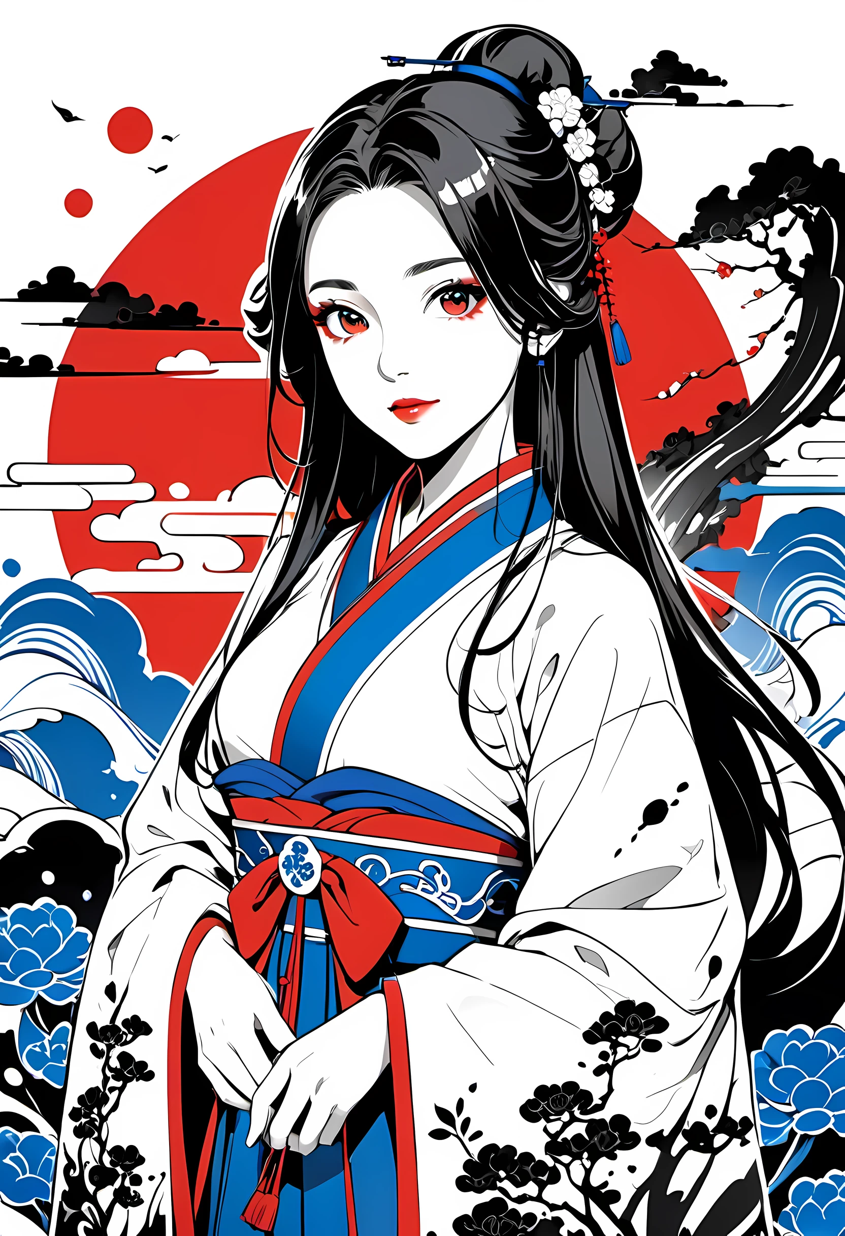 1 Girl wearing Chinese Hanfu, Blue and white porcelain, Blue and red graphic logo illustration, vector, Simple design, intricate details, monochrome, pure white background, Imitation of Wu Guanzhong style, Nature, ink splatter, splash of color