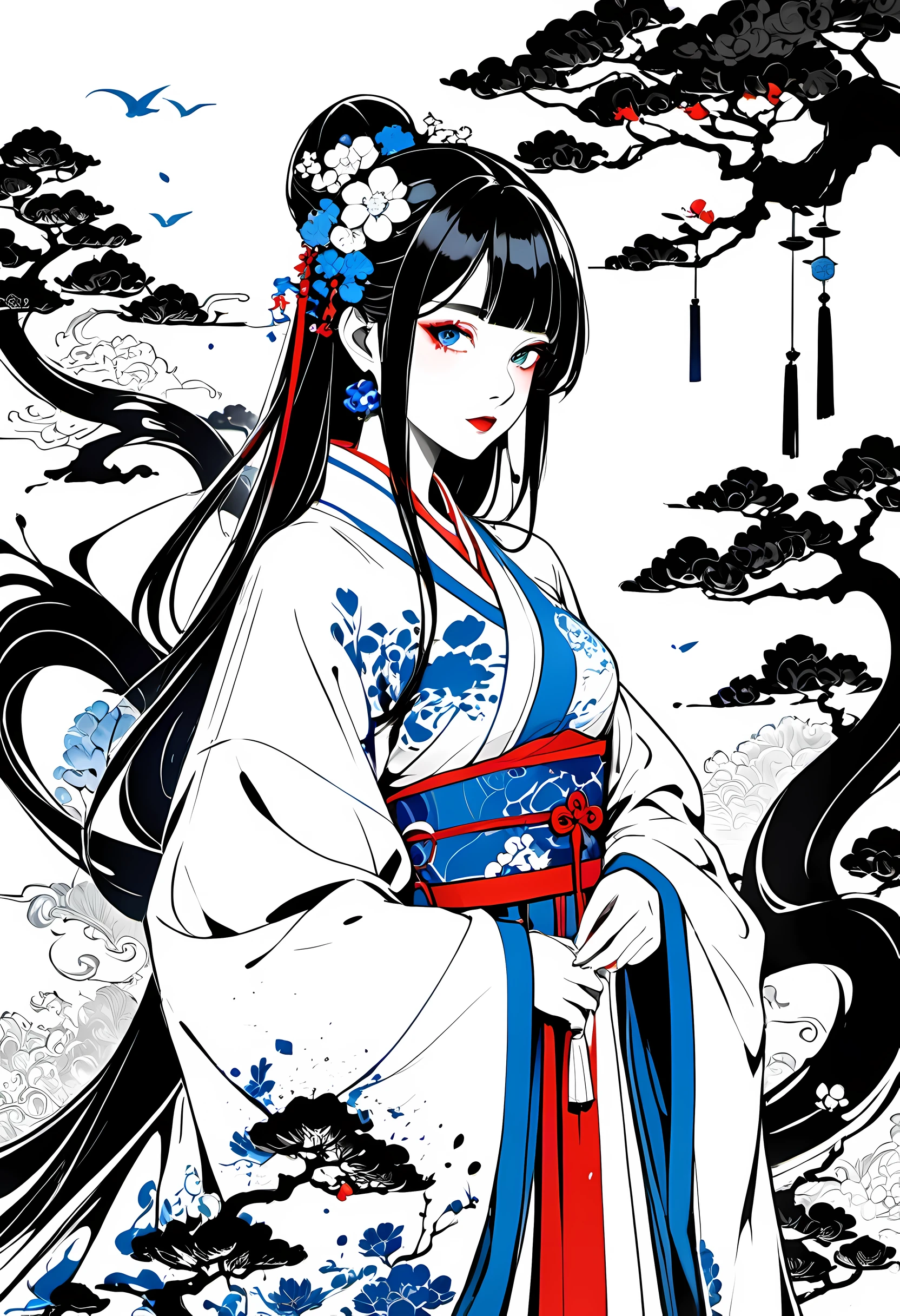 1 Girl wearing Chinese Hanfu, Blue and white porcelain, Blue and red graphic logo illustration, vector, Simple design, intricate details, monochrome, pure white background, Imitation of Wu Guanzhong style, Nature, ink splatter, splash of color