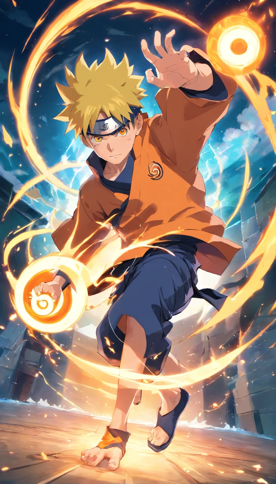 An incredibly detailed illustration of Naruto Uzumaki using his rasengan technique, combat stance, corpo inteiro, incredible details, sombras perfeitas, Dynamic background, estilo de desenho hiper-realista.