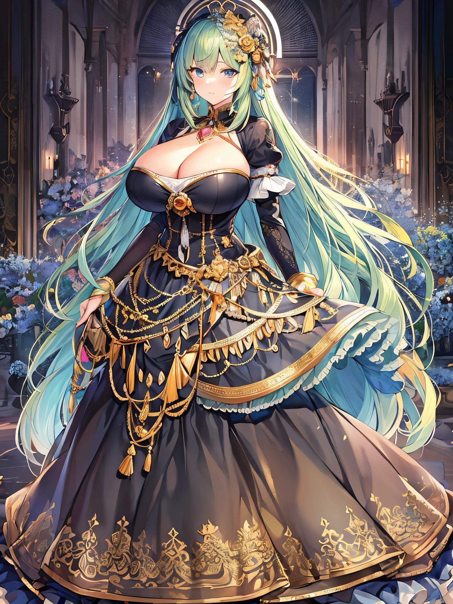 ((anime moe artstyle)),((Masterpiece)),(Best Quality),(Super Detail),((Very Delicate and Beautiful)),Solo,((full body)),full body,((1 princess in a beautiful embroidery and jeweled gorgeous crinoline rococo ballgown)),(((very very gigantic tits,cleavage,curvy))),Skindentation,((castle)),((crinoline,long train,voluminous full length hoop skirt)),beautiful embroidery and jeweled,((gorgeous crinoline rococo ballgown)),(detailed face and eyes),jewel-like eyes,((extremely voluminous straight Hair,Extremely Long Straight Hair)),extremely gorgeous hair ornament,((extremely gorgeous bling-bling big tiara)),bling-bling luxurious jewelry,(Dynamic Angle),((beautiful embroidery and jeweled gorgeous crinoline rococo ballgown)),voluminous full length hoop skirt,(full body)