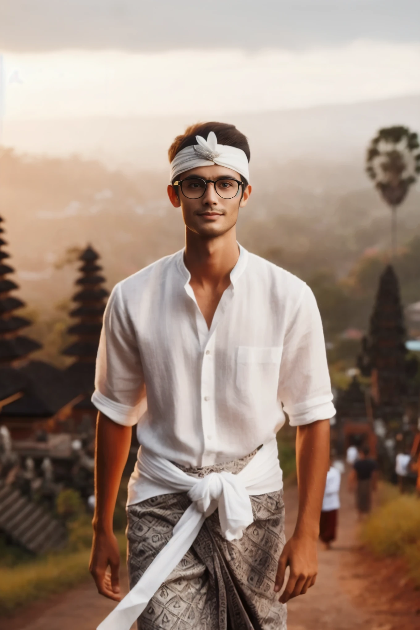 arafed man in white shirt and tie walking down a dirt road, mid shot portrait, inspired by I Ketut Soki, matte painting portrait shot, portrait shot, barong family member, handsome man, medium shot portrait, hindu aesthetic, wearing traditional garb, good looking face, goku in real life, skinny male fantasy scientist, photorealistic human goku