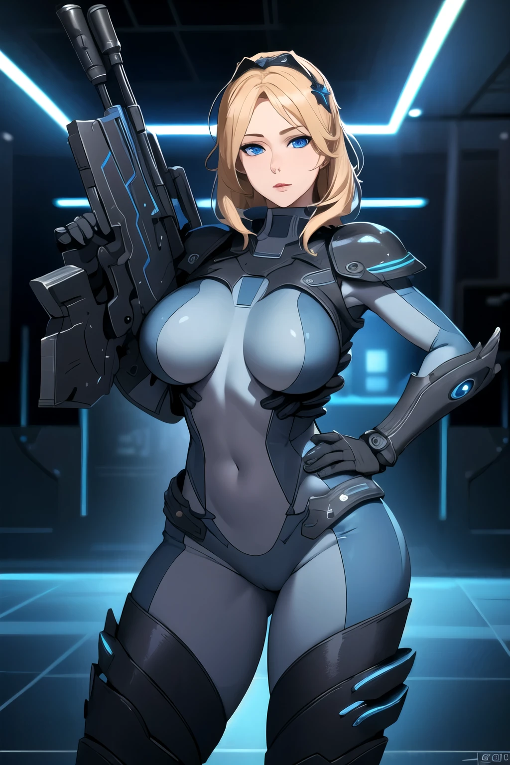 masterpiece, 8k, high quality  of (Beautiful) (starcraft_nova), (Star Craft), (detailed face), maximum details, (diffuse lighting),  (cinematic:1.2), (ISO 100:1), (sexy), (standing), (war field), (gigantic chest), (very tight suit) (blue eyes) (chest armor) (greaves) (holding gun) (hand on hip)