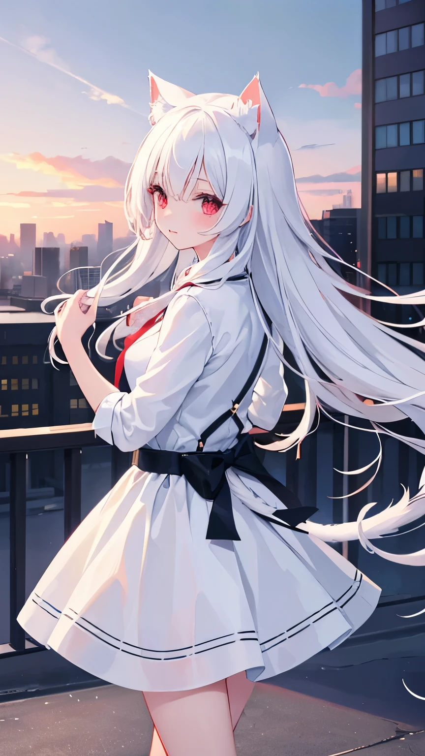 Top quality, super high resolution, very delicate, beautiful girl, 8K wallpaper, from side, facing at viewer, red eyes,white hair,long hair,White cat ears,White cat tail, outdoors, Somewhere in the city, shirt, skirt, happy, 