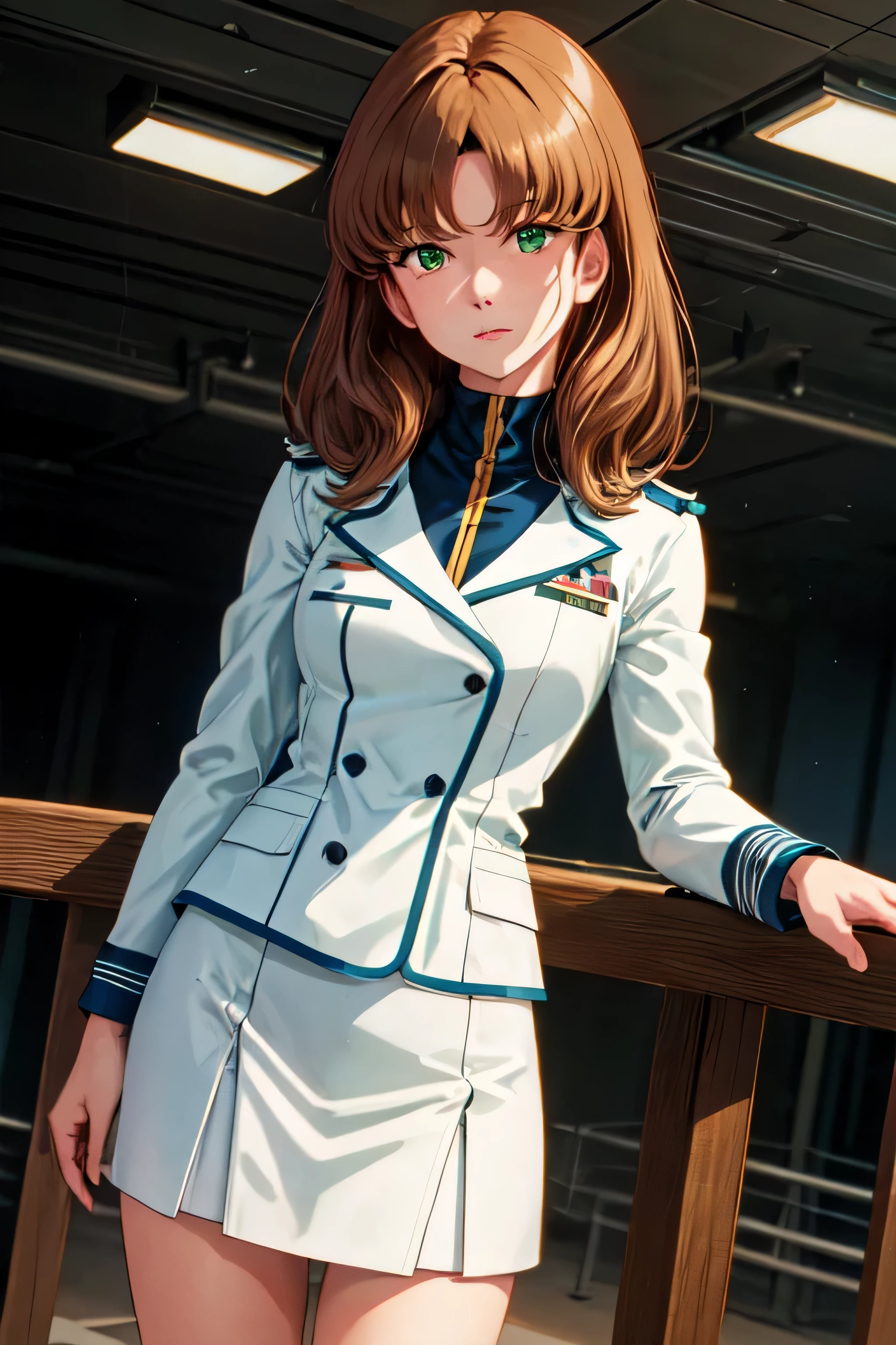 masterpiece,best quality,highres,Hayase Misa,brown hair,green eyes,1girl,solo,1980s \(style\),cowboy shot,looking at viewer,uniform,military uniform,military,white skirt,futoshi slim,fighter jet,long sleeves, realistic anime, ultra detailed, gorgeous details, 8k