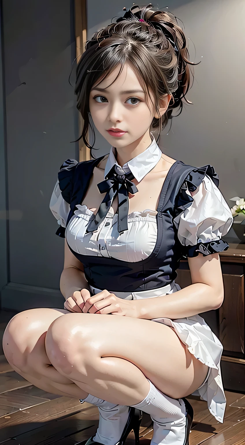 highest quality, masterpiece, ultra high resolution, (realistic: 1.4), RAW photo, 1 girl, british maid, frilly maid headband, ponytail, braided hair, ruffle blouse, ribbon tie, apron, long skirt, sleeves, white silk socks, glowing skin, victorian, nothing gray background, squat