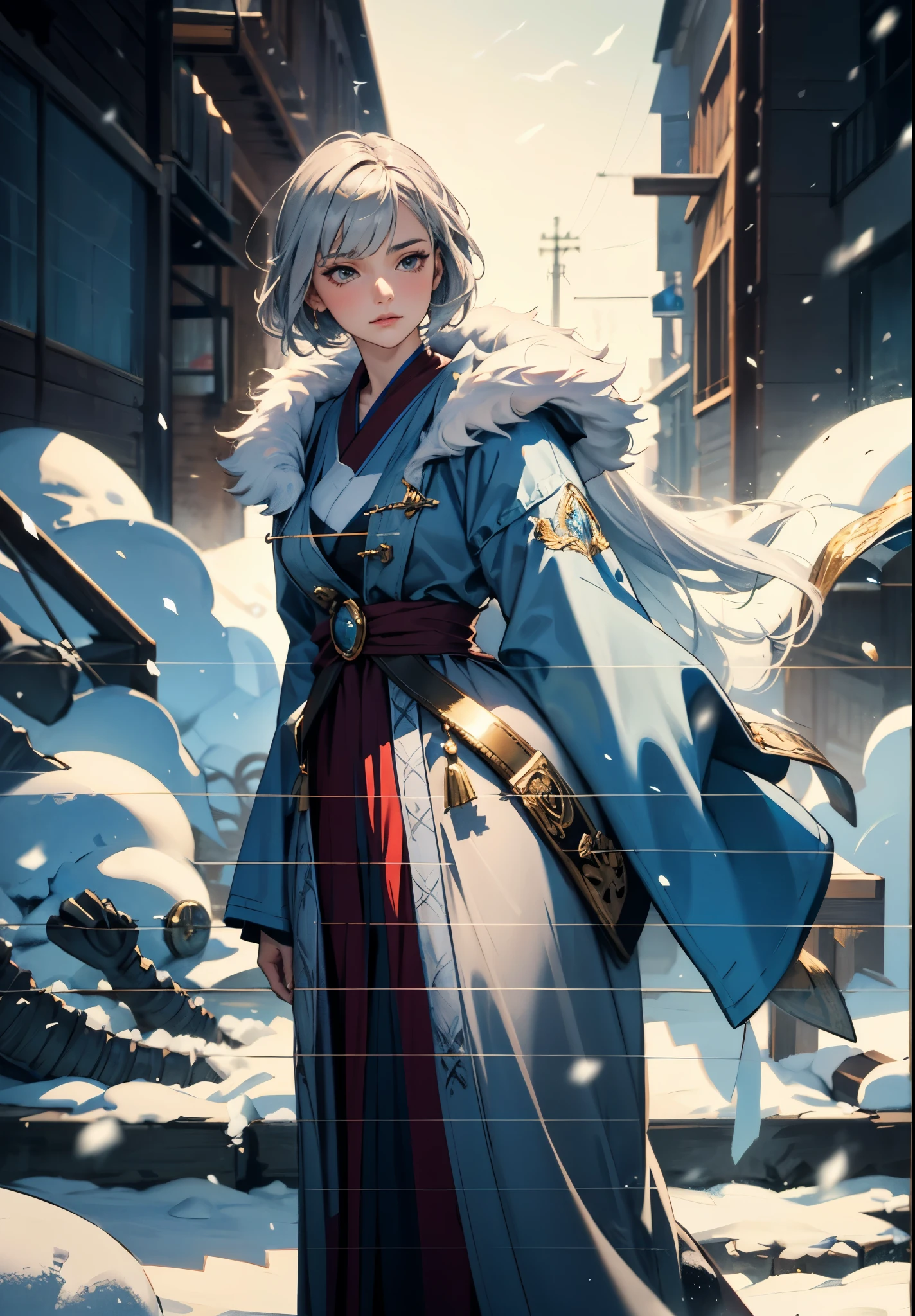 A woman with short silver-gray hair, thick bangs covering the right half of her face, delicate features, a serene expression, a simple floor-length gray-blue robe, with a thick white fur coat worn over it, long sleeves patterned like animal skeletons, standing amidst the falling snow of the mountains, this character embodies a finely crafted fantasy martial arts-style female cultivator in anime style, exquisite and mature manga art style, high definition, best quality, highres, ultra-detailed, ultra-fine painting, extremely delicate, professional, anatomically correct, symmetrical face, extremely detailed eyes and face, high quality eyes, creativity, RAW photo, UHD, 32k, Natural light, cinematic lighting, masterpiece-anatomy-perfect, masterpiece:1.5