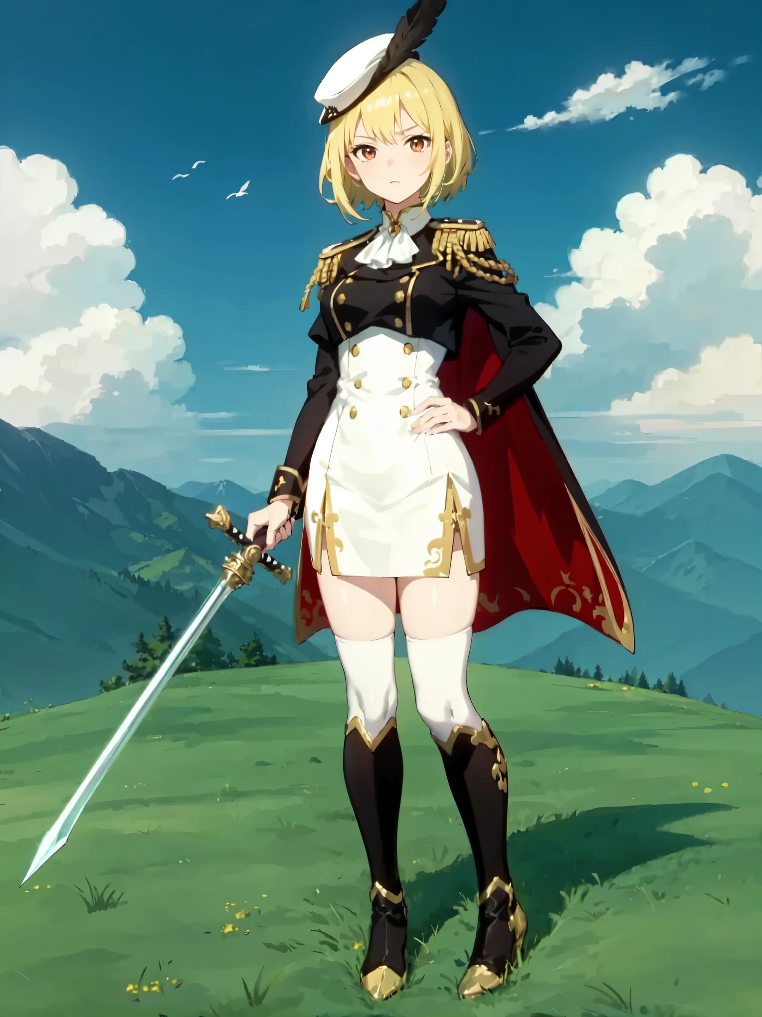 masterpiece, best quality, anime, extremely detailed, solo, 1girl, serious, hand on waist, short hair, blonde hair, yellow eyes, gilded outfit, uniform, black and white outfit with yellow accents, white skirt, long sleeves, cape, black high boots, looking at viewer, hat, (black feather on hat), standing on grass, (holding rapier), sky, clouds, mountains, forest