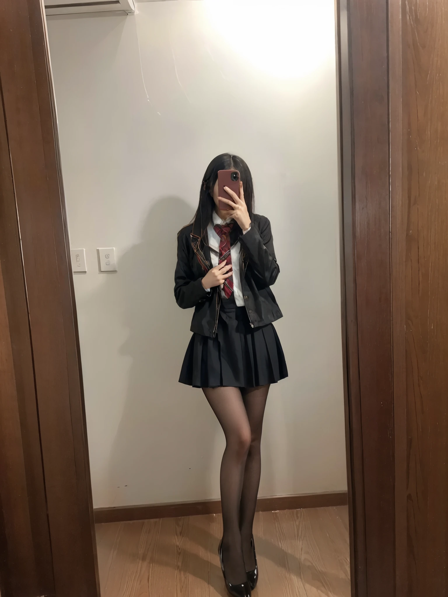 A woman takes a selfie in the mirror, wearing jacket and skirt, clothing photos, dress up as , JK, stockings and skirt, Short skirt and long jacket, female student, 1 8 yes, Shot with Canon 80D, wearing school uniform, whole body!!, Sexy Korean girl, Shot with Sony alpha 9