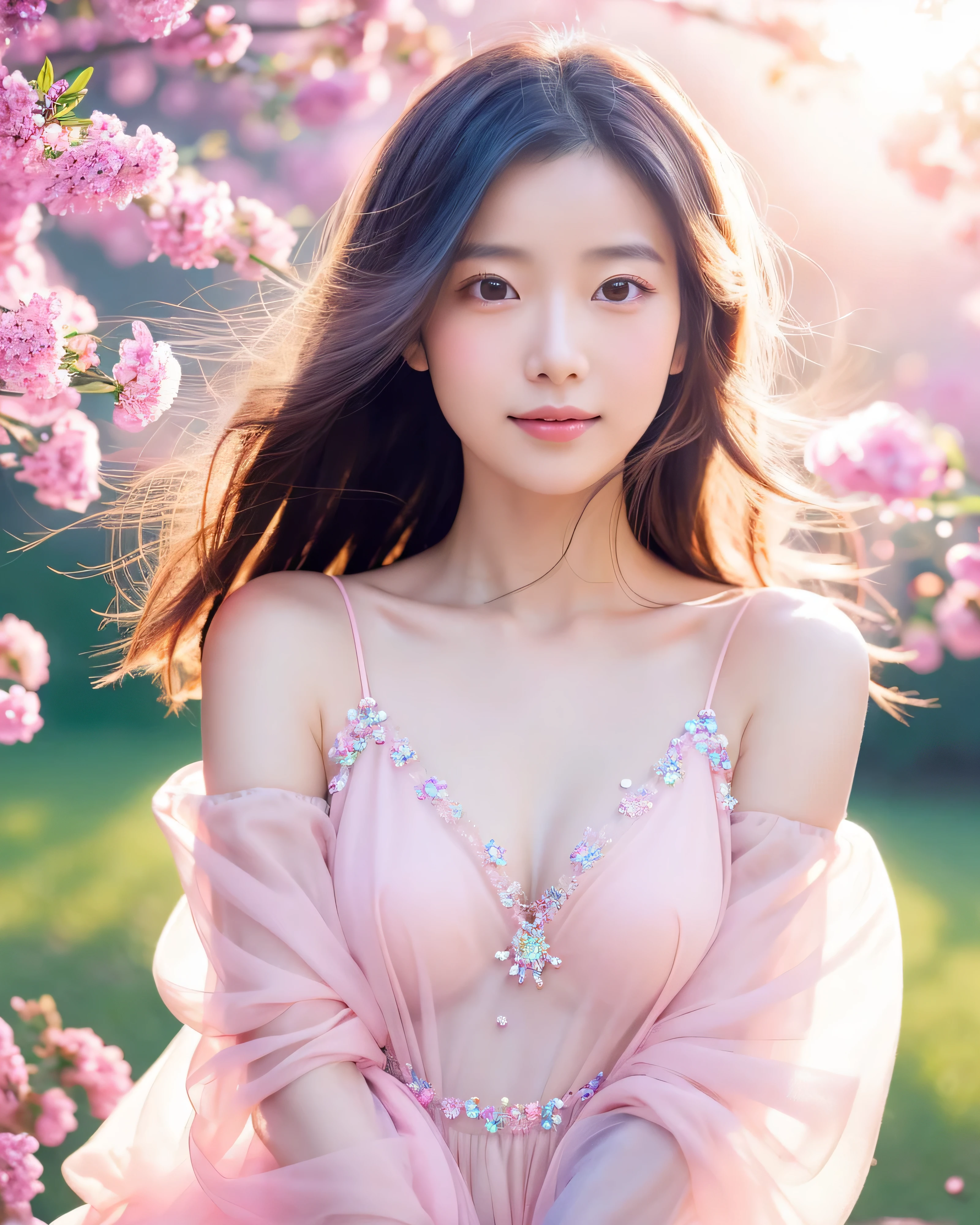 beautiful japanese woman, Mysterious girl wearing a transparent cloth, Unforgettable fantasy portrait in abstract style, Crystals decorating hair, In a swirl of fantastic pastel colors and soft light, Evoking a sense of tranquil serenity and elusive beauty, big magic eyes, soft smile, smooth soft skin, Attractive pink lips, natural makeup, A fleeting expression, perfect collarbone, High resolutionの完璧な胸元, soft and plump cleavage, High resolutionの美しい太もも,(highest quality, 32K, High resolution, masterpiece:1.2)