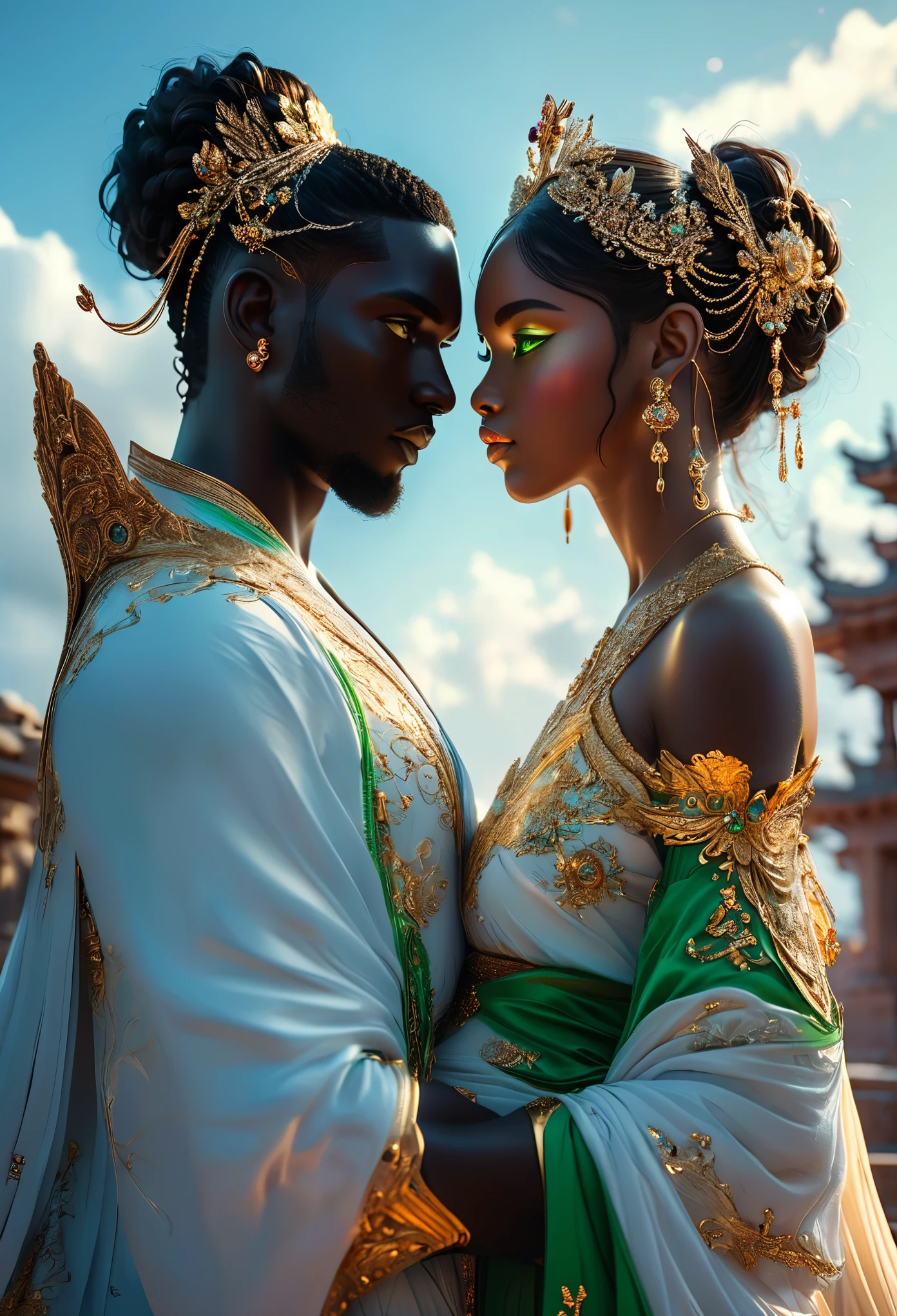 Two (((darkskinned))) loving couples in a celestial landscape, heavenly palace, two young dark-skinned couples in their 20s, for both couples the men are both in love with the two women but not them, the first (((darkskinned))) couple is a (dark-haired imperial duke with gray eyes) and ((a pregnant) dark-skinned red-haired celestial warrior with slanted (green eyes)), the second (((darkskinned))) couple is the dark-haired celestial guardian with violet eyes and a dark-haired imperial judge with short hair and green eyes, Full body, 8K, extremely detailed, high quality, (photorealistic:1.37), Full body, ideal proportions and defined complexion, meticulously crafted features, unreachable beauty, perfection, breathtaking elegance, g curves, goddess-like figures, divine symmetry, artistic masterpieces, vivid realism, hyper-detailed sculptures, life-like forms, truly awe-inspiring, impeccable craftsmanship, pure radiance, ethereal beauty, delicate contours, striking poses, sublime beauty, subtle nuances, dynamic compositions, vibrant colors, perfect lighting, soulful expressions, celestial aura, majestic presence, dreamlike atmosphere, unmatched gdetailed octane render trending on artstation, 8 k artistic photography, photorealistic concept art, soft natural volumetric cinematic perfect light, chiaroscuro, award - winning photograph, masterpiece, perfect composition, beautiful detailed intricate insanely