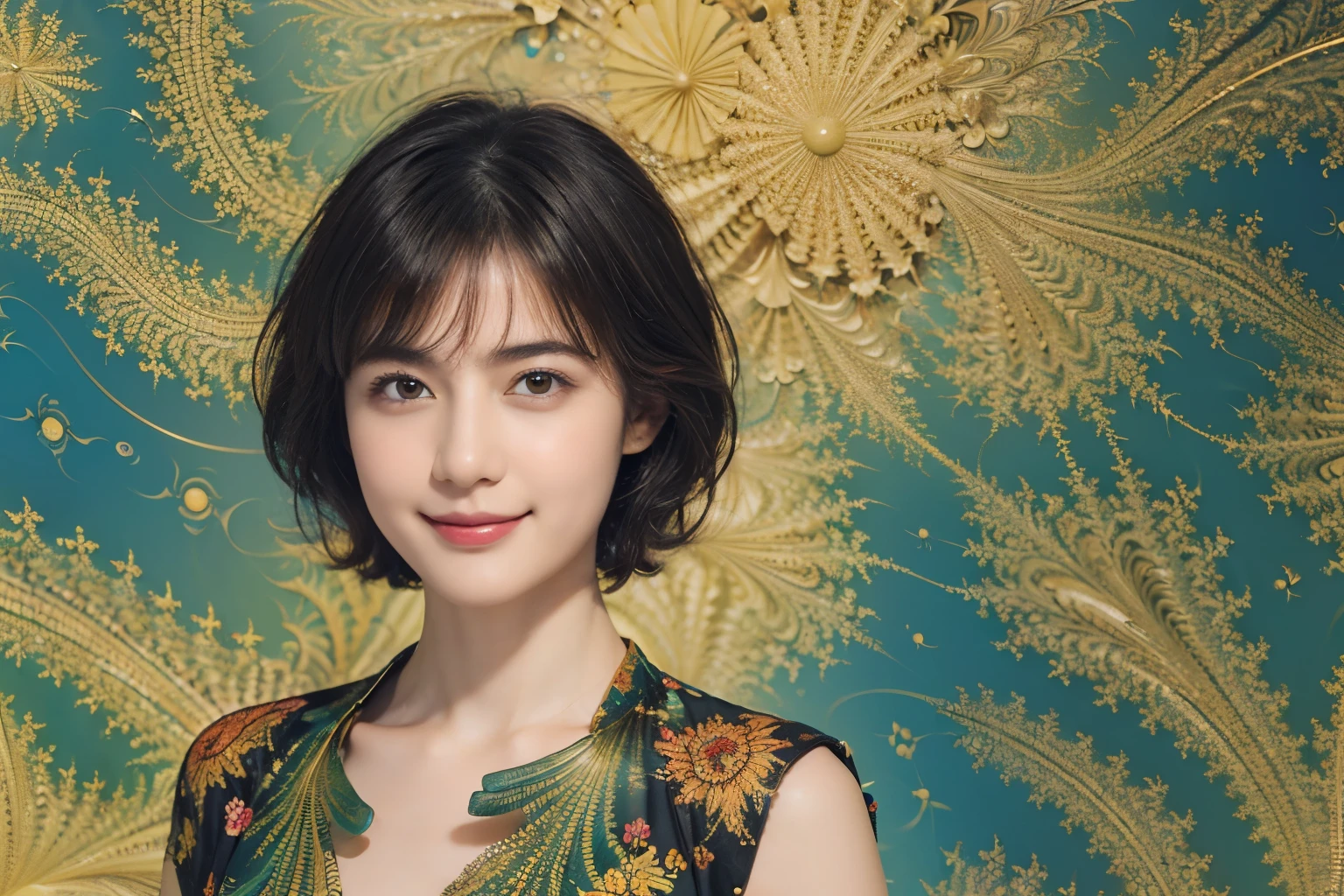 177 Short hair, 20 year old woman, gentle smile, (abstract background,fractal art:1.46)