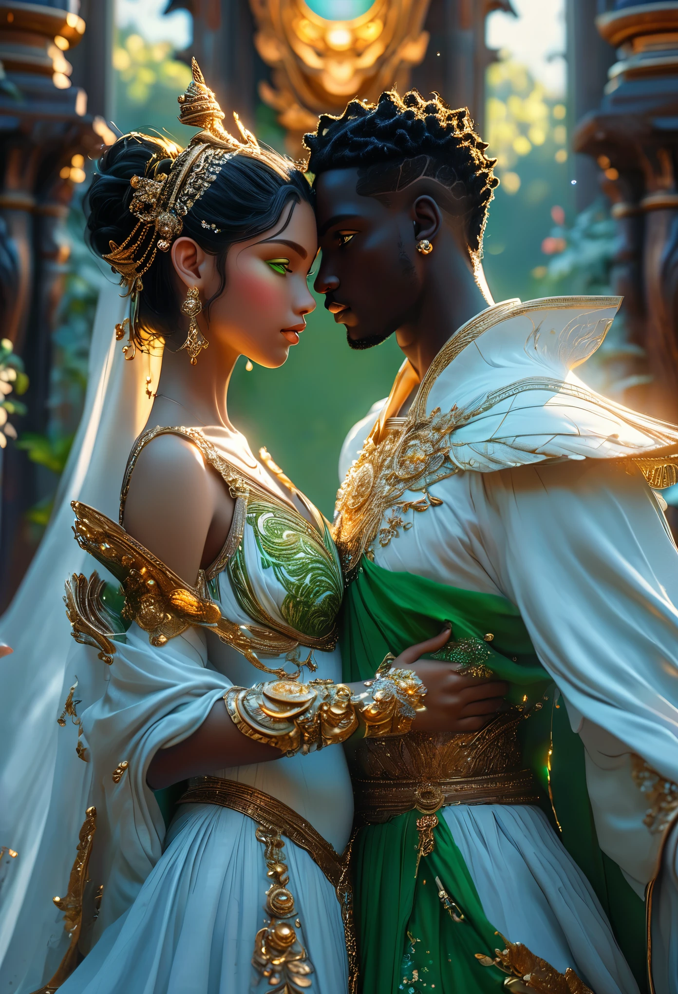 Two ((((darkskinned))) loving duos in a celestial landscape, at a heavenly ball, two young dark-skinned couples in their 20s, they are in love, the first ((((darkskinned))) couple is an imperial duke with ((gray eyes)) and a dark-skinned red-haired celestial priestess with ((green eyes)), the second ((((darkskinned))) couple is the celestial guardian with dark hair and violet eyes and an imperial judge with short dark hair and green eyes, Full body, 8K, extremely detailed, high quality, (photorealistic:1.37), Full body, ideal proportions and defined complexion, meticulously crafted features, unreachable beauty, perfection, breathtaking elegance, g curves, goddess-like figures, divine symmetry, artistic masterpieces, vivid realism, hyper-detailed sculptures, life-like forms, truly awe-inspiring, impeccable craftsmanship, pure radiance, ethereal beauty, delicate contours, striking poses, sublime beauty, subtle nuances, dynamic compositions, vibrant colors, perfect lighting, soulful expressions, celestial aura, majestic presence, dreamlike atmosphere, unmatched gdetailed octane render trending on artstation, 8 k artistic photography, photorealistic concept art, soft natural volumetric cinematic perfect light, chiaroscuro, award - winning photograph, masterpiece, perfect composition, beautiful detailed intricate insanely
