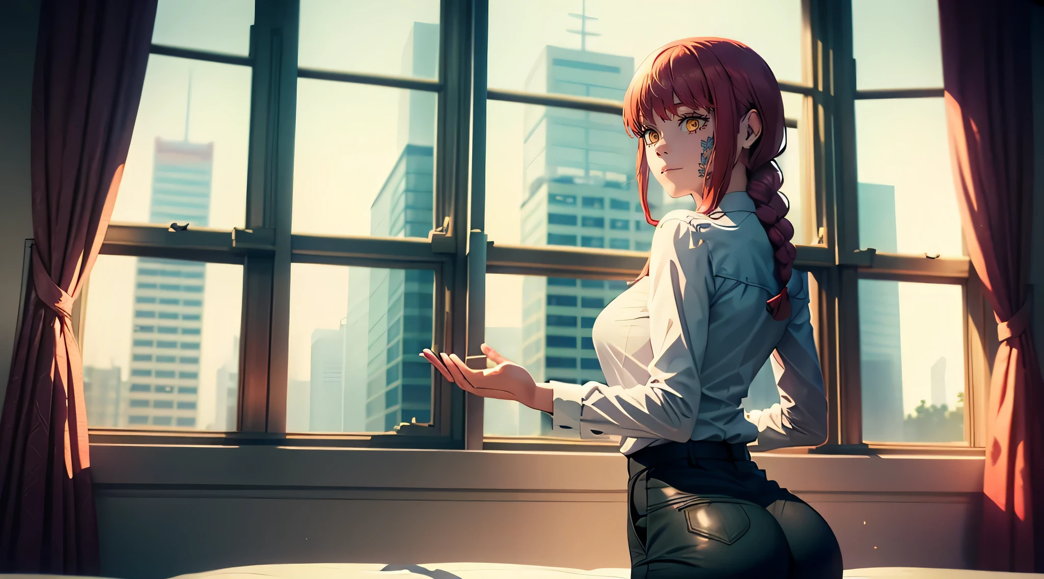 despir, Quadro de cima, Beautiful buttocks, Deitado na mesa, Desabotoando a camisa, despir, Spacious room with large windows, camisa branca, tight black pants, corpo sexy, tetas, bare buttocks, Seios lindos, bare buttocks, cintura, obra-prima, melhor qualidade, retratos de um, uma garota,hands \(Homem motosserra\), Apenas, Standing, cabelo ruivo, cabelo longo, braided, (Olhos brilhantes e brilhantes: 1.4), (olhos dourados: 1.3), pupilas dilatadas, Amortecedor, medium breasts, camisa branca, gravata, opinion, sorria, olhando para um espectador, (entrevista:1.3), high resolution, (Foco Facial:1.4), (olhar para o espectador:1.15), (pano de fundo preto,)