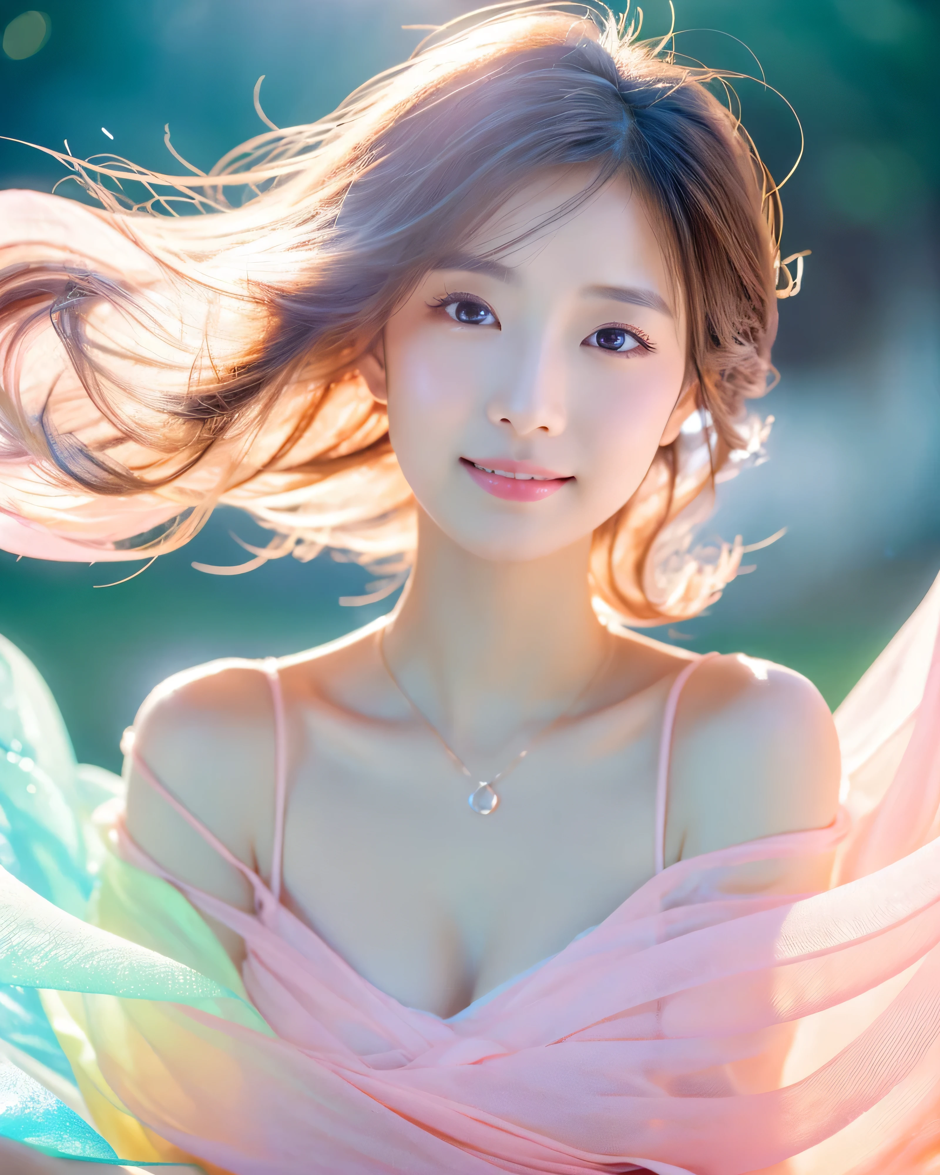 beautiful japanese woman, wrapped in translucent fabric, Unforgettable fantasy portrait in abstract style, ((In a swirl of fantastic pastel colors and soft light)), Evoking a sense of tranquil serenity and elusive beauty, big magic eyes, gentle smile, smooth soft skin, Attractive pink lips, natural makeup, A fleeting expression, perfect collarbone, High resolutionの完璧な胸元, soft and plump breasts, High resolutionの美しい太もも,(highest quality, 32K, High resolution, masterpiece:1.2), 驚くべきディテールを備えた受賞歴のあるmasterpiece, non-representative, Color and shape, expression of emotions, rich in imagination