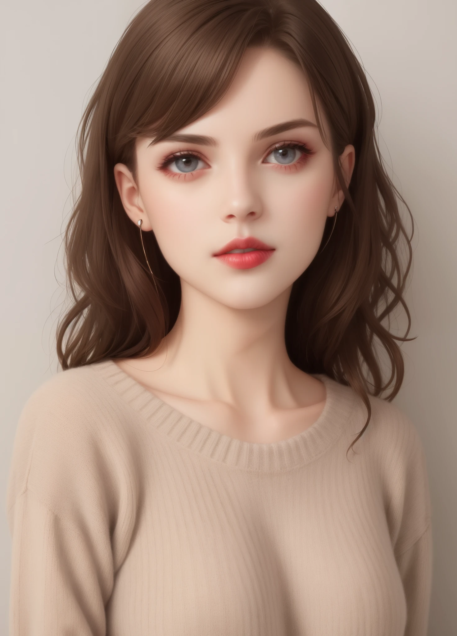 Girl, long soft brown hair, gray eyes, sharp features, white skin, cherry lips, sweater