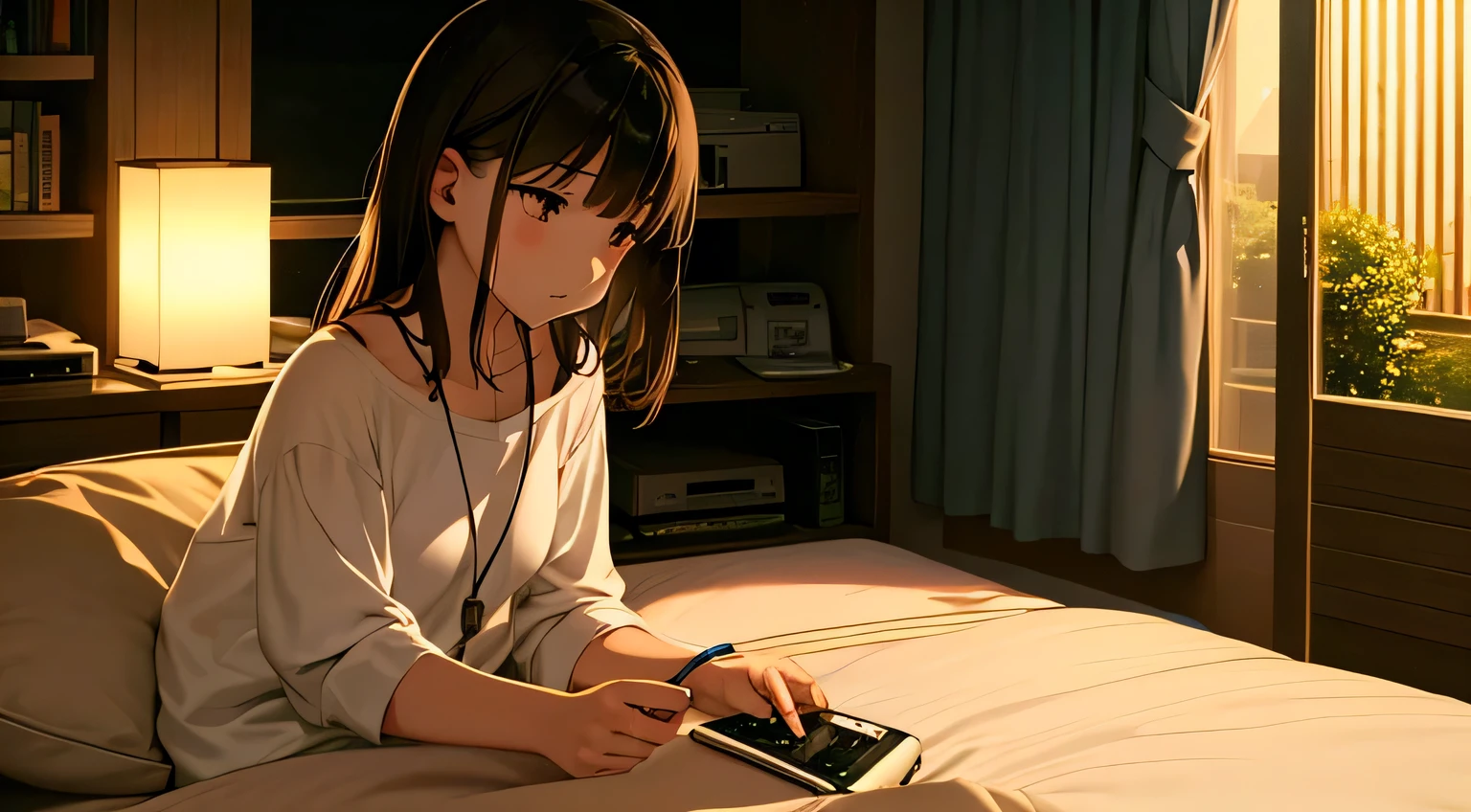 Girl listening to music in a cozy room at night, Usando fones de ouvido, Anime estilo 2D, lo-fi, hard disk, Ambiente escuro
