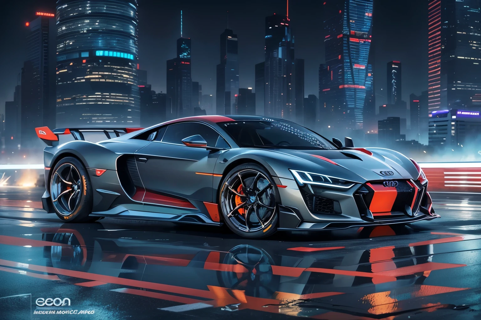 Um carro futurista AUDI armado corre pela pista molhada e reflexiva, Spreading water on all sides of a cyberpunk city. The city is full of neon lights, nevoeiro e alto, angular buildings. The car is silver gray and has an aggressive and elegant appearance. The wheels are big and shiny and the tires are full of grooves. The body of the car is aerodynamic and has many straight and angular lines. The car is going very fast and the wind is blowing strong. The city lights are flashing and fog is moving down the runway. The car is in a world with its own speed and power. The scene is very contrast in the lights and the moon is large in the dark sky
