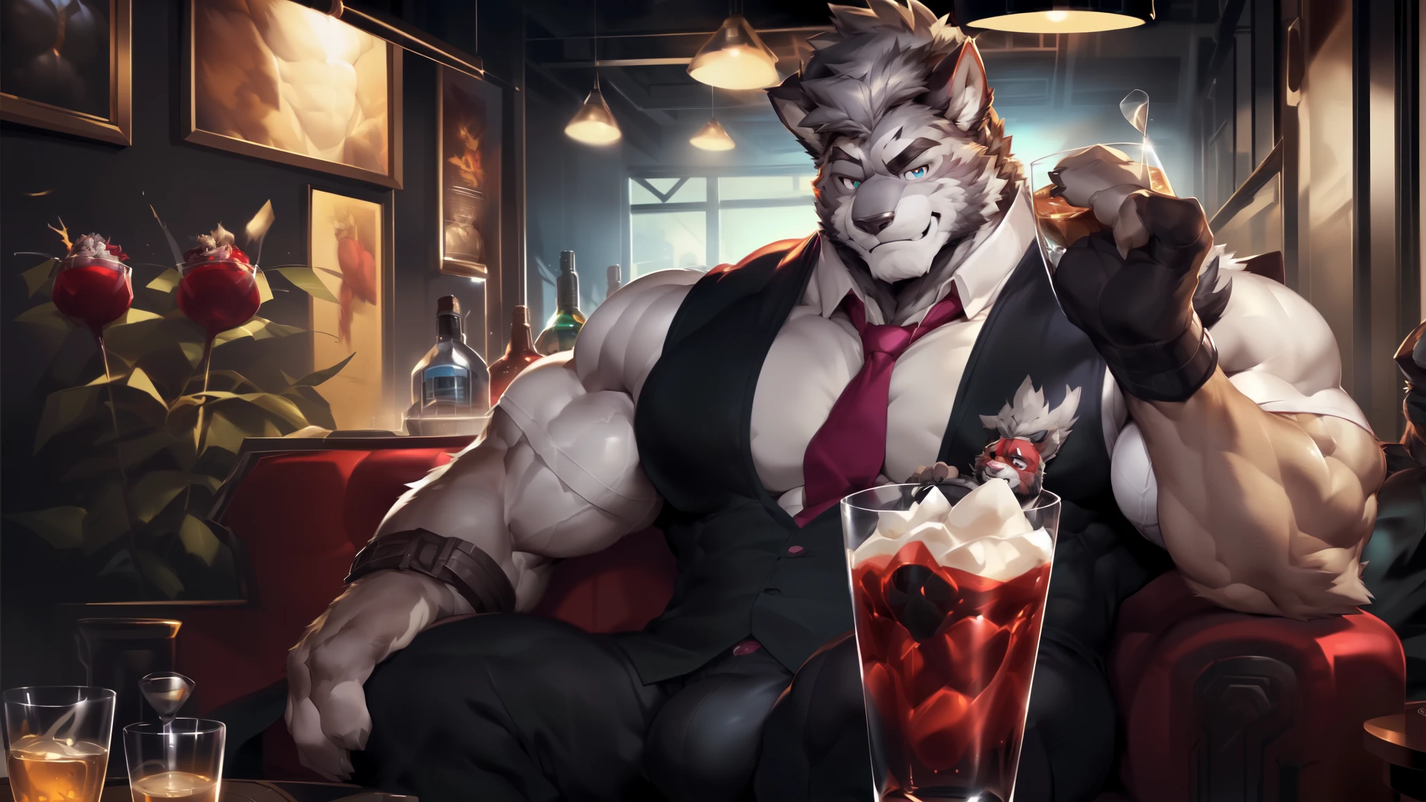 ((trending on E621, trending on Furaffinity digital media, trending on Artstation, trending on twitter , digital painting, digital media, digital paint, digital illustration, (masterpiece))) ((by rOSS tran, by vorusuarts, by takemoto arash, by kuroma, by nullghost, by raccoon21, by bluekumabox ,by Dsharp_K, by rabbity ,by grimfaust ,by wfa, by chunie, by darkgem, by guzreuef , by BlazingIfrit , by oldshep,by Sollyz ,by makidogang , by Magangz)),BREAK((((((anthro, anthrofield, (gray wolfs,wolf pack)))))) | BREAK (((((Manly | handsomeface, (((wildface)))))))) | BREAK ((((((hyper muscles:1.6)))))), (((animated eyes, beautiful eyes, detailed eyes))) | (((white face, gray fur)))) | (((((((( gray hair | dark gray mane | black eyebrow | short hair | black goatee hair)))))) | BREAK (((((thick eyebrows))))) , big pecs, heavy weight, bodybuilder build, wearing black jacket,greatcoat, formal attire, large bulge, vest ,Relaxed sitting on chair, ((((holding a glass of Bramble)))), Sitting with legs open,evil smile expression, bar_background , vibrant color, 4k, realism, cool lighting