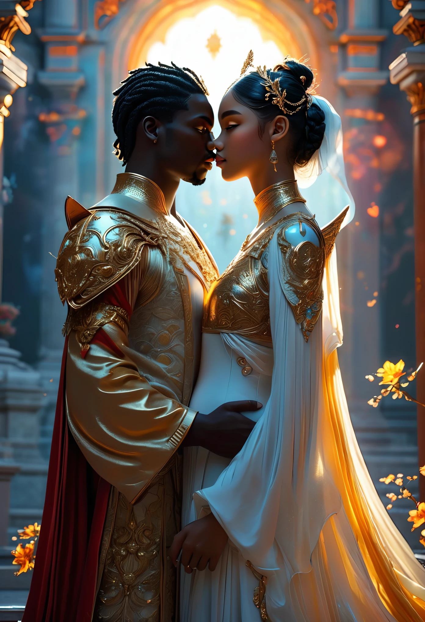 Two (((darkskinned))) loving duos in a celestial landscape, at a heavenly ball, two young dark-skinned couples in their 20s, for both couples the men are both in love with the two women but not them, the first (((darkskinned))) couple is a dark-haired imperial duke and a pregnant dark-skinned red-haired celestial warrior, the second (((darkskinned))) couple is the dark-haired celestial guardian and a dark-haired imperial judge with short hair, Full body, 8K, extremely detailed, high quality, (photorealistic:1.37), Full body, ideal proportions and defined complexion, meticulously crafted features, unreachable beauty, perfection, breathtaking elegance, g curves, goddess-like figures, divine symmetry, artistic masterpieces, vivid realism, hyper-detailed sculptures, life-like forms, truly awe-inspiring, impeccable craftsmanship, pure radiance, ethereal beauty, delicate contours, striking poses, sublime beauty, subtle nuances, dynamic compositions, vibrant colors, perfect lighting, soulful expressions, celestial aura, majestic presence, dreamlike atmosphere, unmatched gdetailed octane render trending on artstation, 8 k artistic photography, photorealistic concept art, soft natural volumetric cinematic perfect light, chiaroscuro, award - winning photograph, masterpiece, perfect composition, beautiful detailed intricate insanely