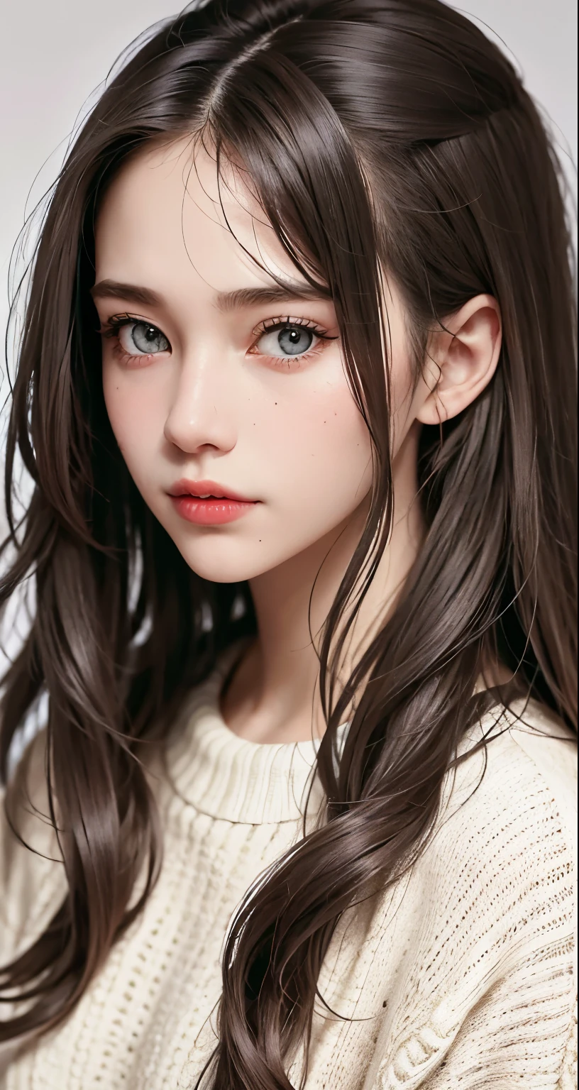 Girl, long, soft hair, gray eyes, sharp features, white skin, sweater