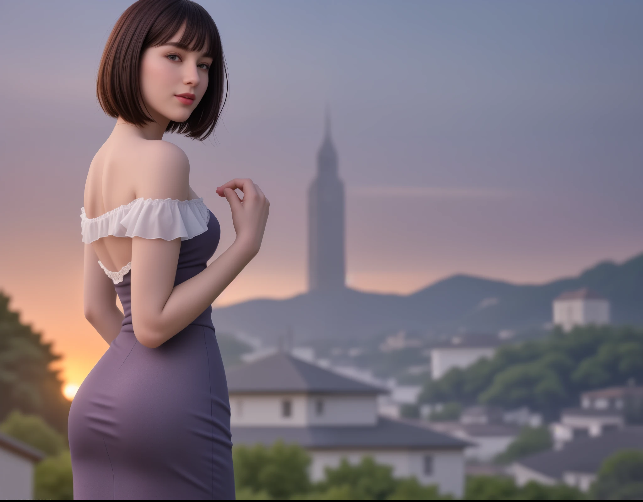 21-year-old, Russian race, European race, (Masterpiece, best quality, photorealistic, high res, photography: 1.3), close-up shot, sharp focus, black hair, hair bun, short hair, hot model, slim, Height 160cm, huge breasts, cute blush, smooth, mild smile, realistic skin, (perfect body, cleavage), sexy hot face, erotic, sexual gaze, slim,dress, skirt, extremely detailed hair, shiny lips, outdoor, ((vivid light, dynamic lighting, realistic, super realistic, realism, realistic detail, background mountains, statues, evening, sunset
