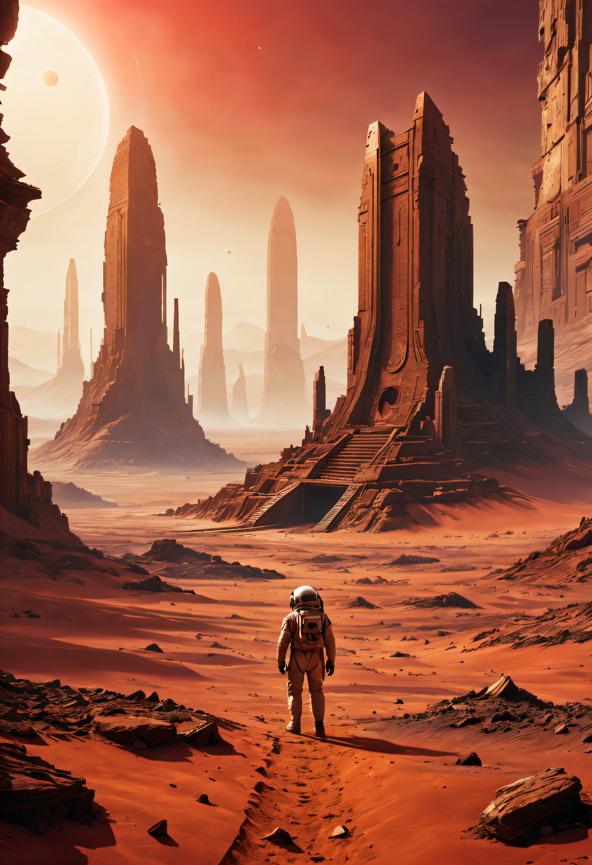 filmposter,(Mysterious ancient ruins) On Mars,(scifi concept art),(Detailed illustrations of the highest quality,4K,A high resolution,tmasterpiece:1.2),Red planet landscape right bright colors:1.1),(Sci-fi lights),(HighDynamicRange),(Crumbling structure),(The environment is desolate),(Infinite horizon),(Alien Artifacts Earth Architecture),(atmosphric perspective),(exploration),(future-tech),(The ruins of advanced civilization),(isolation and abandonment),(Astronaut explorer),(spooky ambiance),(Strange symbolysterious source of energy),(Unobstructed panoramic views),(dusty red sand),(Surreal atmosphere),(Ancient mysteries),(Distant starry sky),(unforgettably beautiful),(Fantastic imagery),(epic scale),(awe-inspiring),(Scientific discovery)