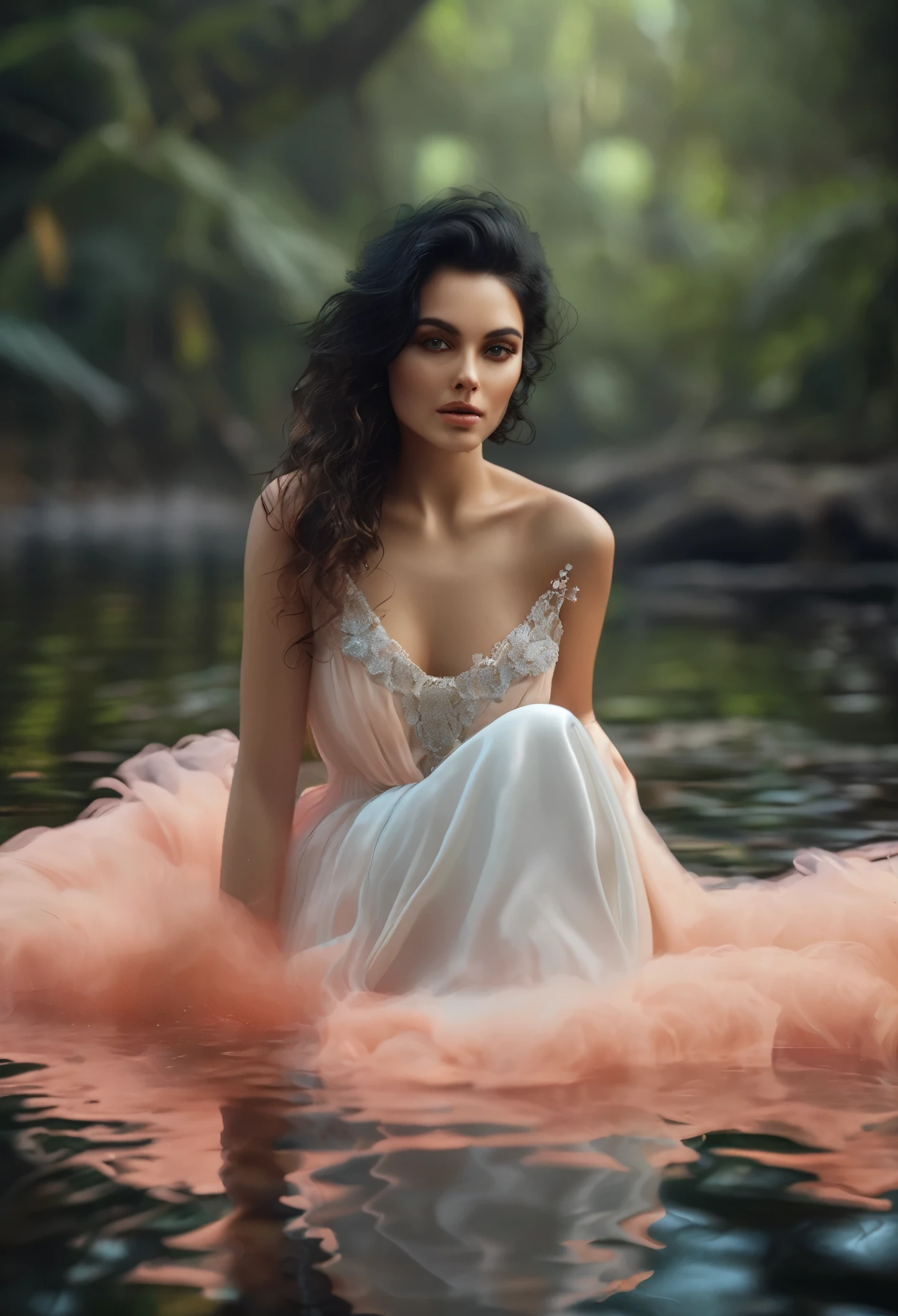 a Beautifull Woman with green eyes amd dark black hairs symbolizing Dark and Love psychology sitting on water in forest, Peach color and Pantone color of the year 2024, Looking direckly into the viewers eyes. Photo Realistic, Hyper Realistic, UHD, 8k, Cinematic, Shot on a Hasselblad medium format camera with a 100mm lens. Unmistakable to a photograph. Cinematic lighting. Very accurate representations and details for the photos 4k, 8k, 16k, full ultra hd, high resolution and cinematic photography --ar 3:2 --v 5 --upbeta --v 5 --Screen Space Reflections --Diffraction Grading --Chromatic Aberration --GB Displacement --Scan Lines --Ambient Occlusion --Anti-Aliasing FKAA --TXAA --RTX --SSAO --OpenGL-Shader’s --Post Processing --Post-Production --Cell Shading --Tone Mapping --CGI --VFX --SFX --insanely detailed and intricate --hyper maximalist --elegant --dynamic pose --photography --volumetric --ultra-detailed --intricate details --super detailed --ambient –uplight