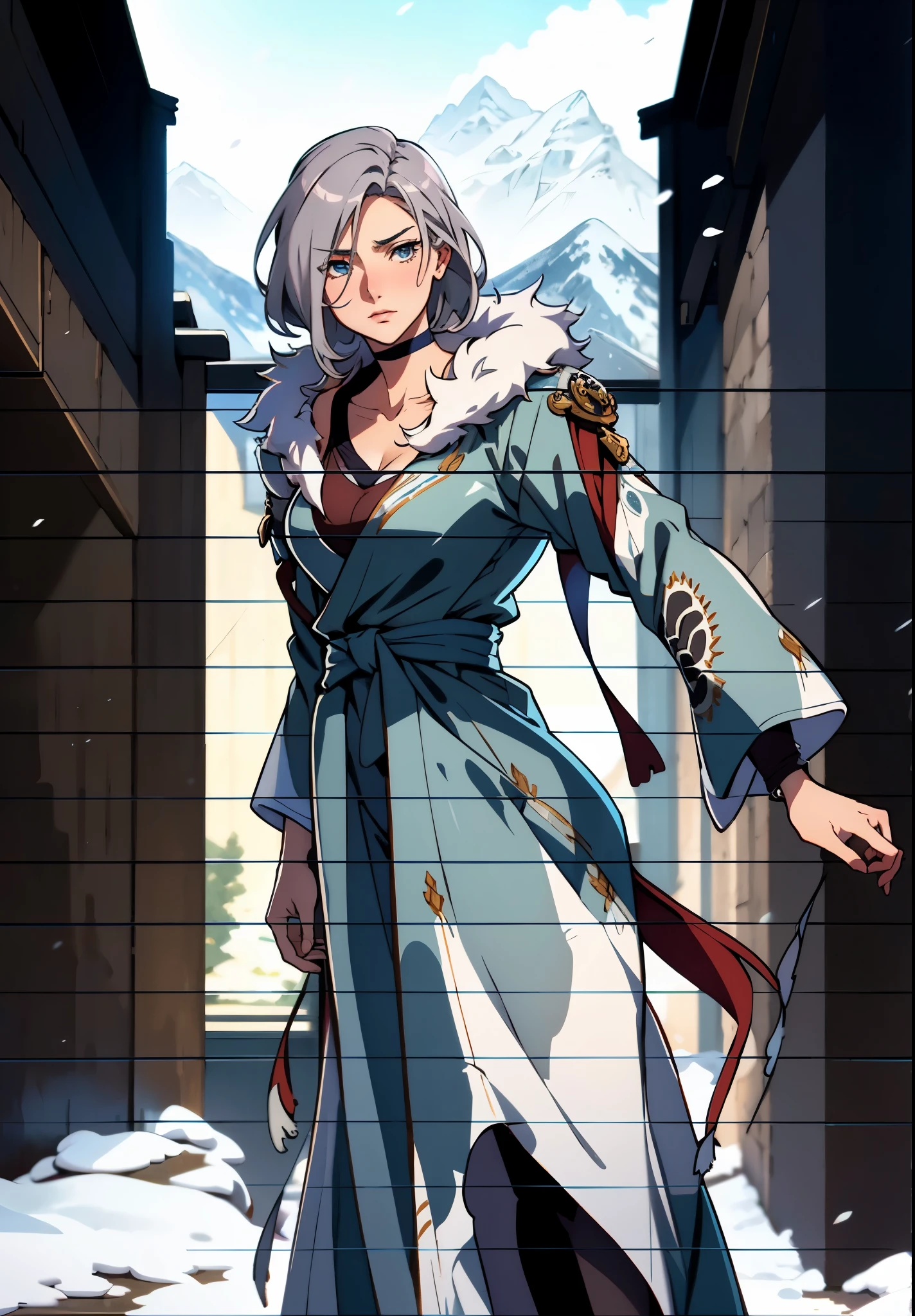 A woman with short silver-gray hair, thick bangs covering the right half of her face, delicate features, a serene expression, a simple floor-length gray-blue robe, with a thick white fur coat worn over it, long sleeves patterned like animal skeletons, standing amidst the falling snow of the mountains, this character embodies a finely crafted fantasy martial arts-style female cultivator in anime style, exquisite and mature manga art style, high definition, best quality, highres, ultra-detailed, ultra-fine painting, extremely delicate, professional, anatomically correct, symmetrical face, extremely detailed eyes and face, high quality eyes, creativity, RAW photo, UHD, 32k, Natural light, cinematic lighting, masterpiece-anatomy-perfect, masterpiece:1.5