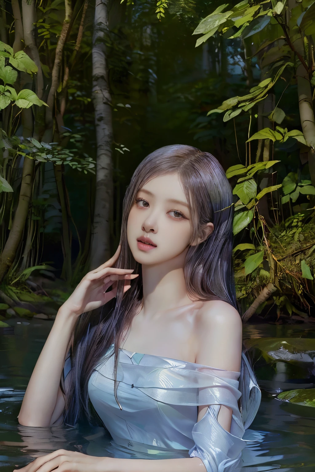 Rose from black pink, (full body), "({{1girl:1.1}} {{straight black hair:1.2}}), (artistic + masterpiece:1.4), (incredibly detailed eyes), wearing medieval long cotton nightie clothes)", Drenched hair，The background is a forest, sunset，Lazy expression, Masterpiece: 1.3), (8k, Photorealistic, Photo RAW, Best quality: 1.4), (Ultra high realism), (Ultra high definition), (Ultra high detail), (Increase contrast), (Increase saturation), Beautiful face, (Realistic face), Beautiful hairstyle, Realistic bright amber eyes, Beautiful details, (Realistic skin), Pale, smooth and luminous skin with iridescent shine and no imperfections, Ultra high definition, Ultra realistic, Highly detailed, (Cleavage: 0.8), sitting on a rock, feet in the water, (masterpiece, best quality, award winning, highres), skinny, intricate and beautiful design, highly detailed beautiful face, super detailed beautiful eyes, light smile, sitting near stream, forest, leaves flow, windy, sun lights through forest, fantasy art, dynamic lighting, cinematic lighting, extremely CG detail, octane render, (natural skin texture, soft light, sharp:1.2)