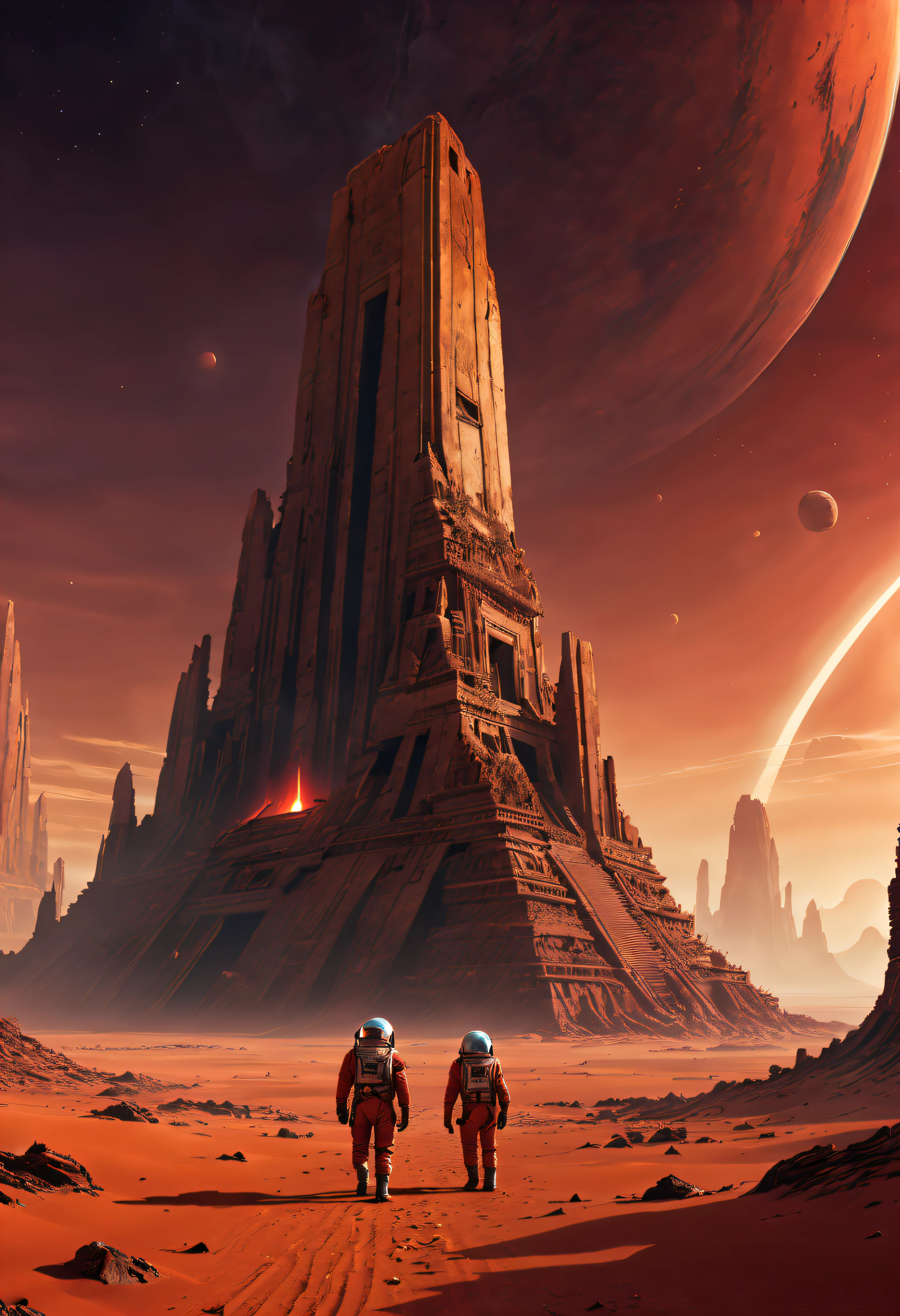 filmposter,(Mysterious ancient ruins) On Mars,(scifi concept art),(Detailed illustrations of the highest quality,4K,A high resolution,tmasterpiece:1.2),Red planet landscape right bright colors:1.1),(Sci-fi lights),(HighDynamicRange),(Crumbling structure),(The environment is desolate),(Infinite horizon),(Alien Artifacts Earth Architecture),(atmosphric perspective),(exploration),(future-tech),(The ruins of advanced civilization),(isolation and abandonment),(Astronaut explorer),(spooky ambiance),(Strange symbolysterious source of energy),(Unobstructed panoramic views),(dusty red sand),(Surreal atmosphere),(Ancient mysteries),(Distant starry sky),(unforgettably beautiful),(Fantastic imagery),(epic scale),(awe-inspiring),(Scientific discovery)