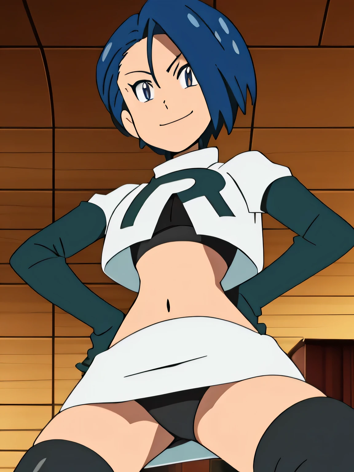 team rocket uniform, red letter r, white skirt,white crop top,black thigh-high boots, black elbow gloves, evil smile, looking down at viewer, hands on hips, spread legs, from below, black panties
